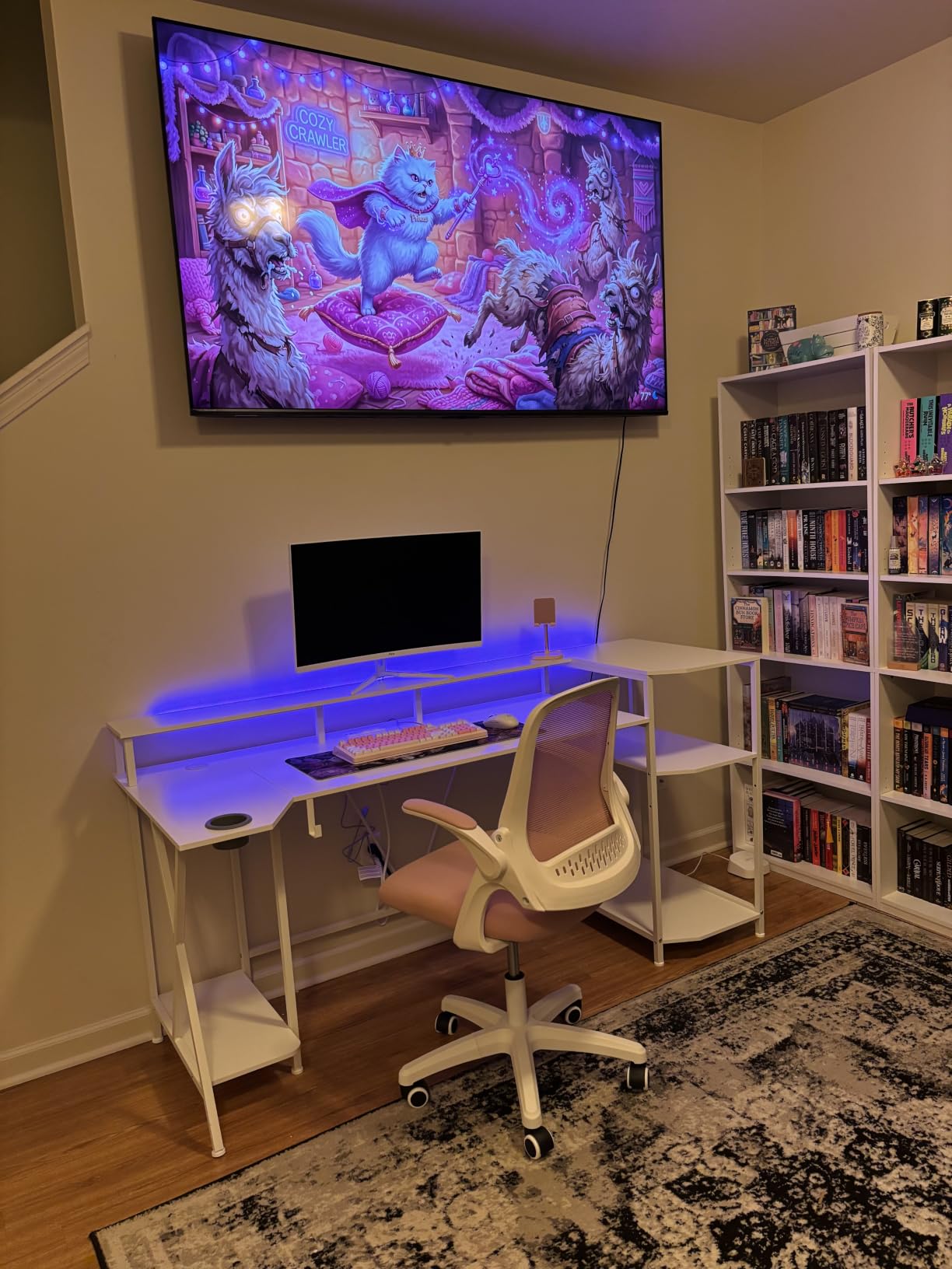 SEDETA Gaming Desk 70.8'' with LED Lights, Storage Shelves, Power Outlets | Computer Desk with Monitor Stand and Cup Holder, Large PC Gamer Desk, Gaming Table for Bedroom, Living Room, Black customer photo 2