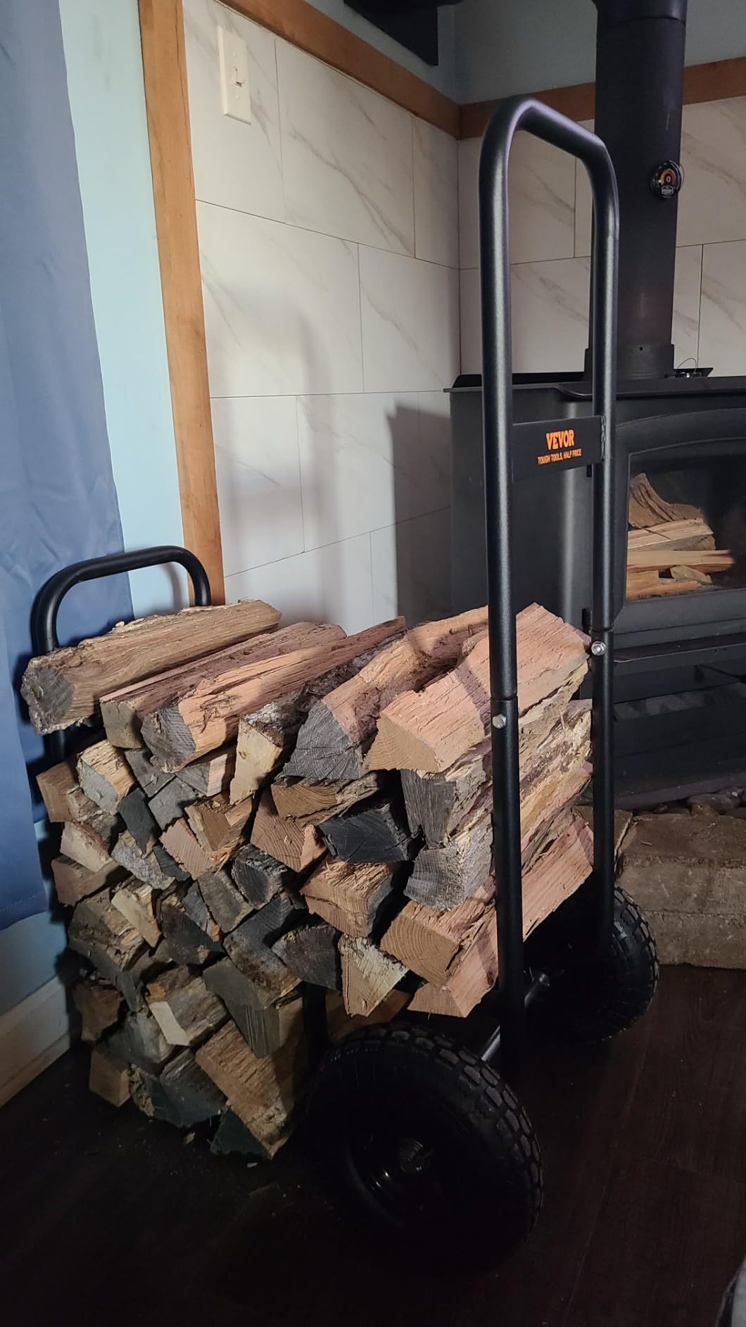VEVOR Log Cart 250 lbs Load Capacity, Outdoor and Indoor Wood Rack Storage Mover with Pneumatic Rubber Wheels, Heavy Duty Steel Dolly Hauler, Firewood Carrier for Fireplace, Fire Pit, Black customer photo 1