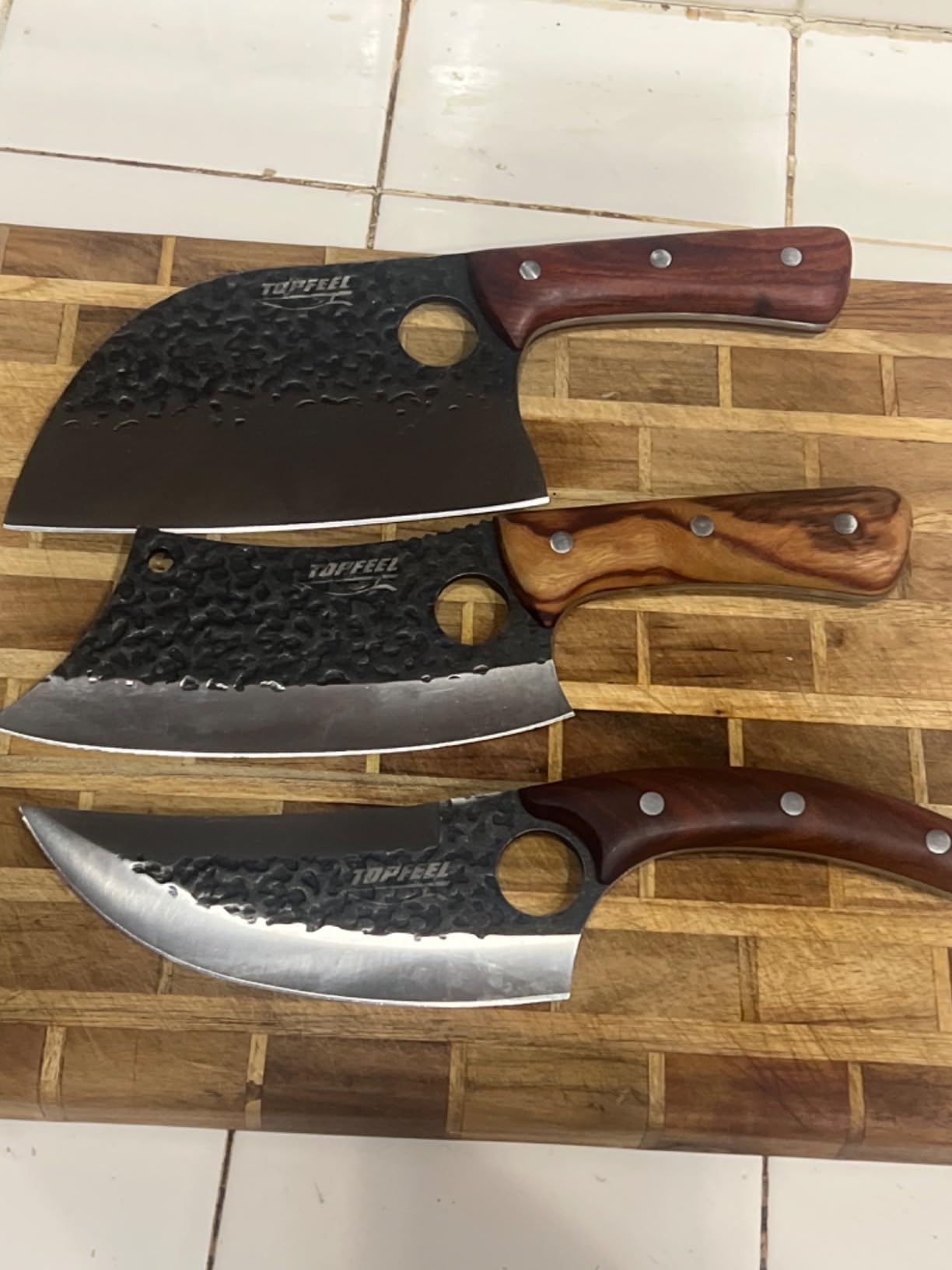 Topfeel 3PCS Hand Forged Kitchen Knife Set - Viking Chef Knives Men Gifts | High Carbon Steel Rosewood Handle, Butcher, Cleaver, Boning, Serbian Chef Knife for Home & Outdoor BBQ Great gift idea for men customer photo 2