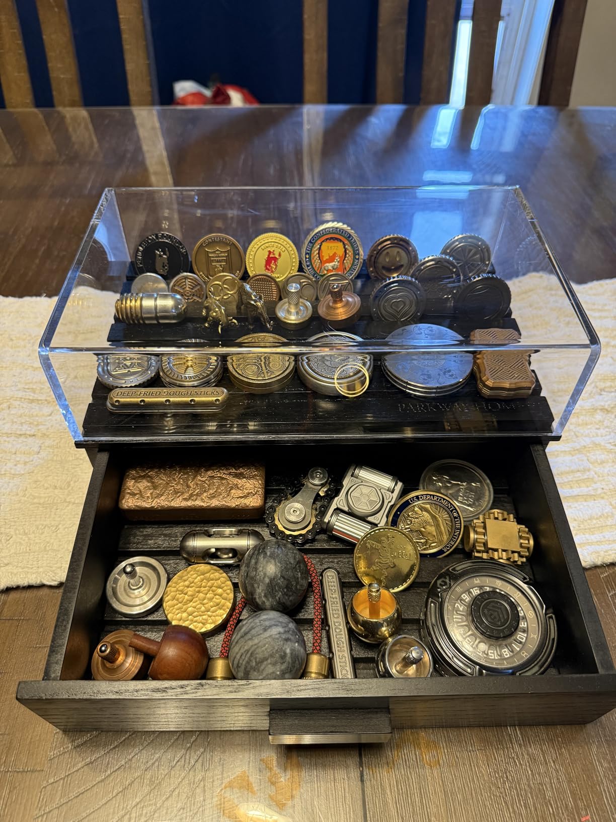 Large Wooden Challenge Coin Display Case with Clear Cover - Military Coin Display Case Holds 36 Coins on Top & 36 in The Storage Drawer - Versatile Coin Stand Holder & Poker Chip Display Case - Brown customer photo 1