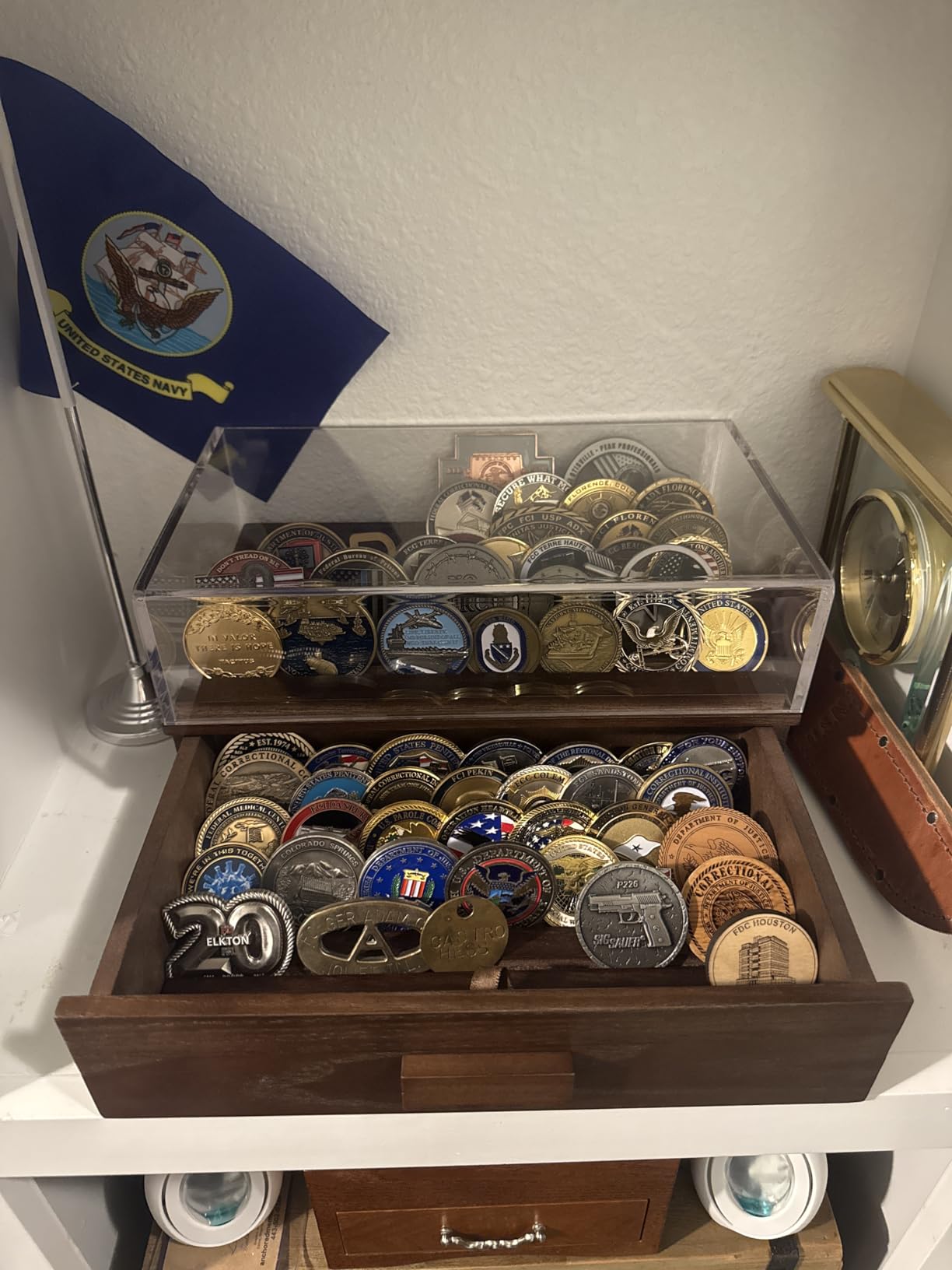 Large Wooden Challenge Coin Display Case with Clear Cover - Military Coin Display Case Holds 36 Coins on Top & 36 in The Storage Drawer - Versatile Coin Stand Holder & Poker Chip Display Case - Brown customer photo 2