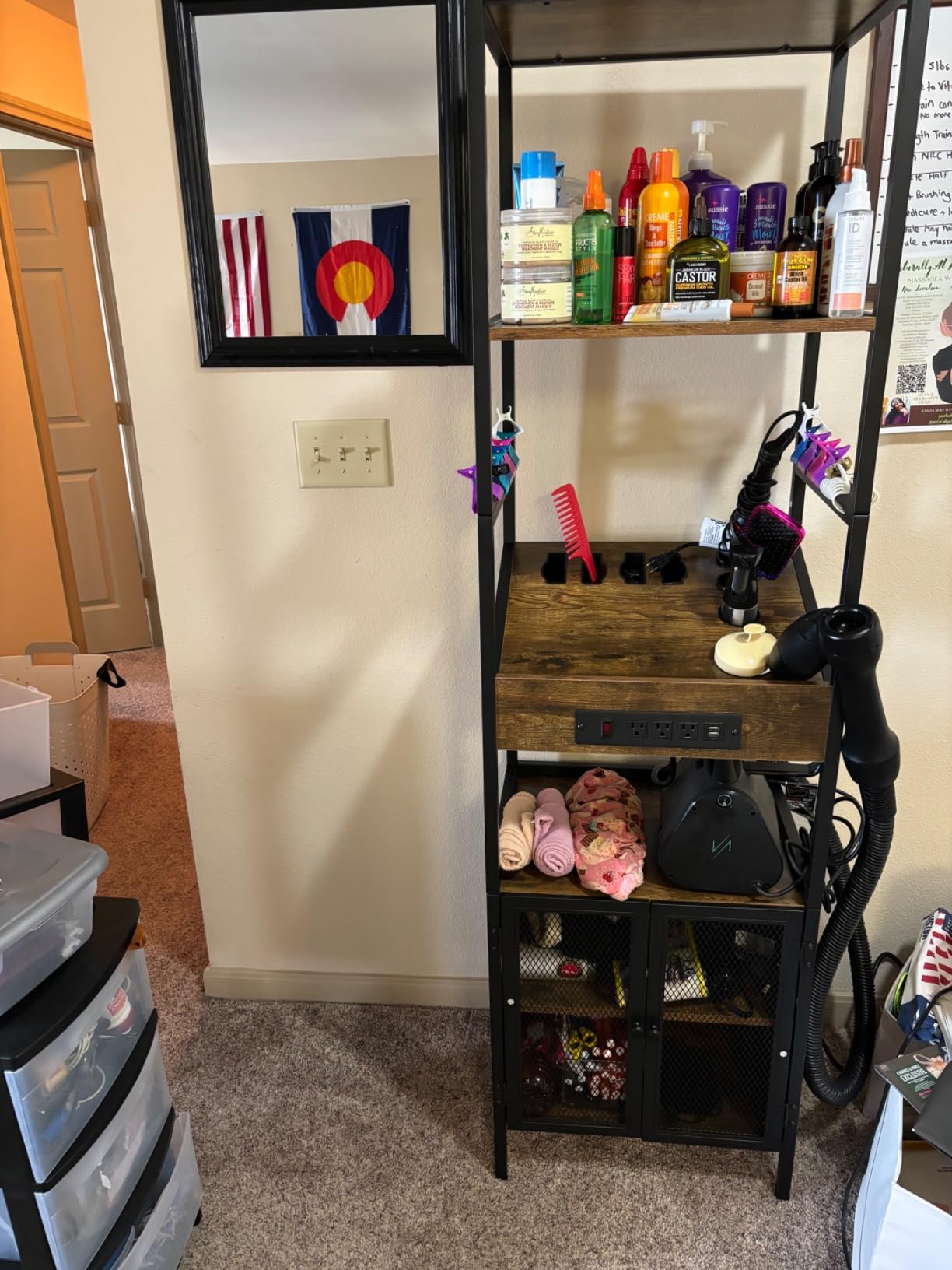 RESHABLE Industrial Salon Station for Hair Stylist, Salon Storage Cabinet with Dryer Hole, 7 Tool Holders, Power Outlets, Styling Equipment for Barber Bathroom, 70.8