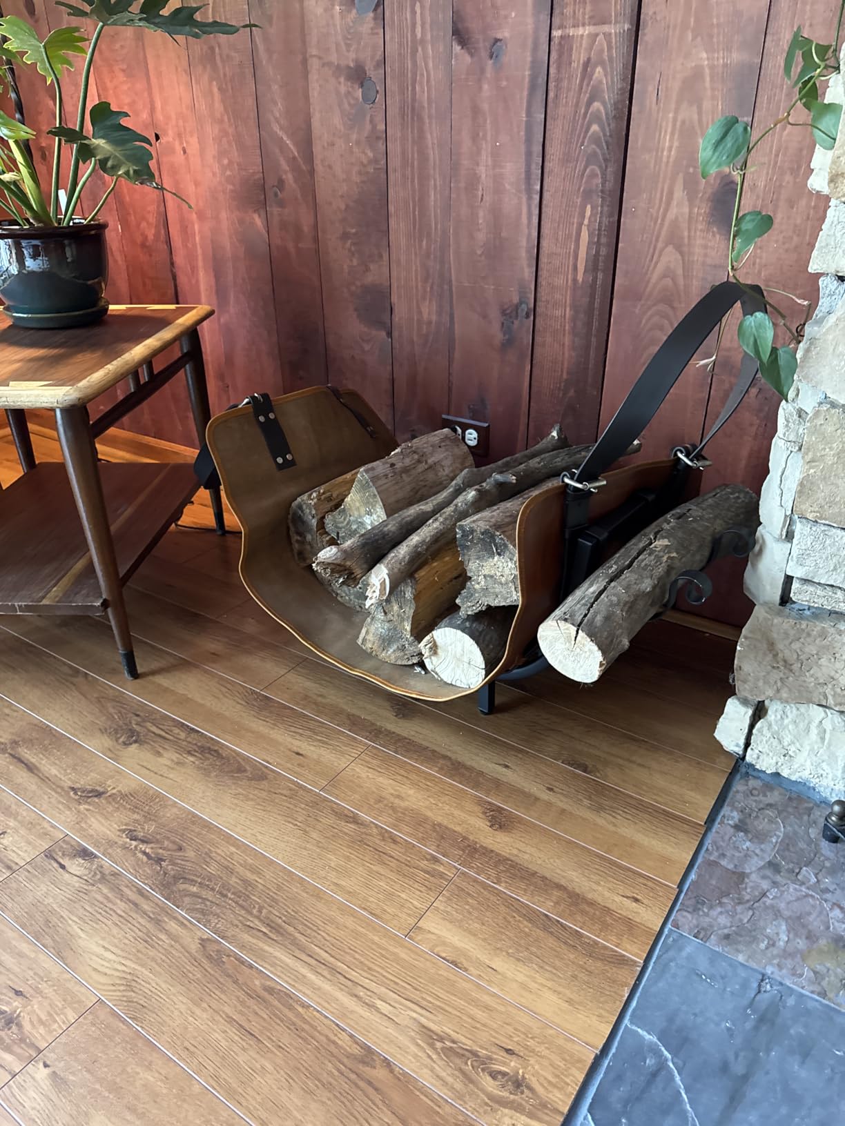 DarkRabbit Leather Firewood Carrier, Cabin Wood Log Carrier, Large Log Tote Bag for Fireplace, Campfire, or Outdoor Fire Pit | Heavy Duty Leather Wood Holder for Winter or Camping Stove 44X20 customer photo 2