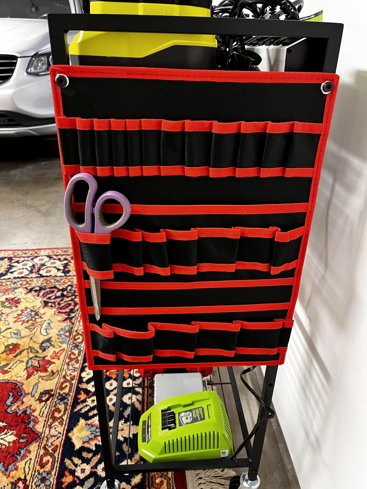 JUNNUJ Power Tool Organizer Cart with Charging Station, 6 FT Cord, Red Floor Standing, Large Garage Rolling Storage Cart on Wheels, Heavy Duty Drill Battery Storage Rack, with 8 Outlet Power Strip customer photo 1