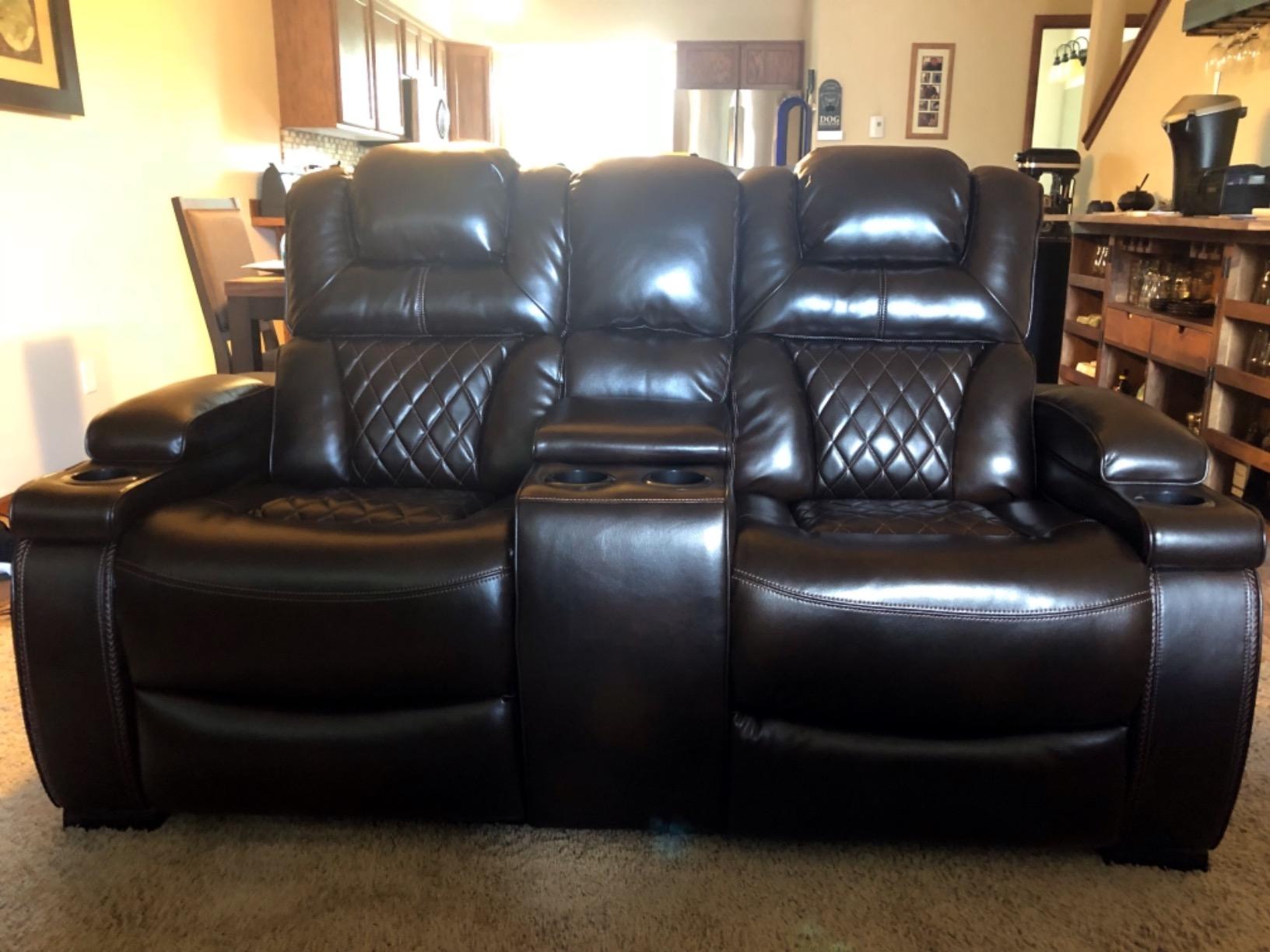 Signature Design by Ashley 3-Seat Power Reclining Sofa, Heat, Massage, Gray | Boyington Series - Combination of leather and faux leather, Air massage, Heated seats, Drop-down table, Zero gravity customer photo 2