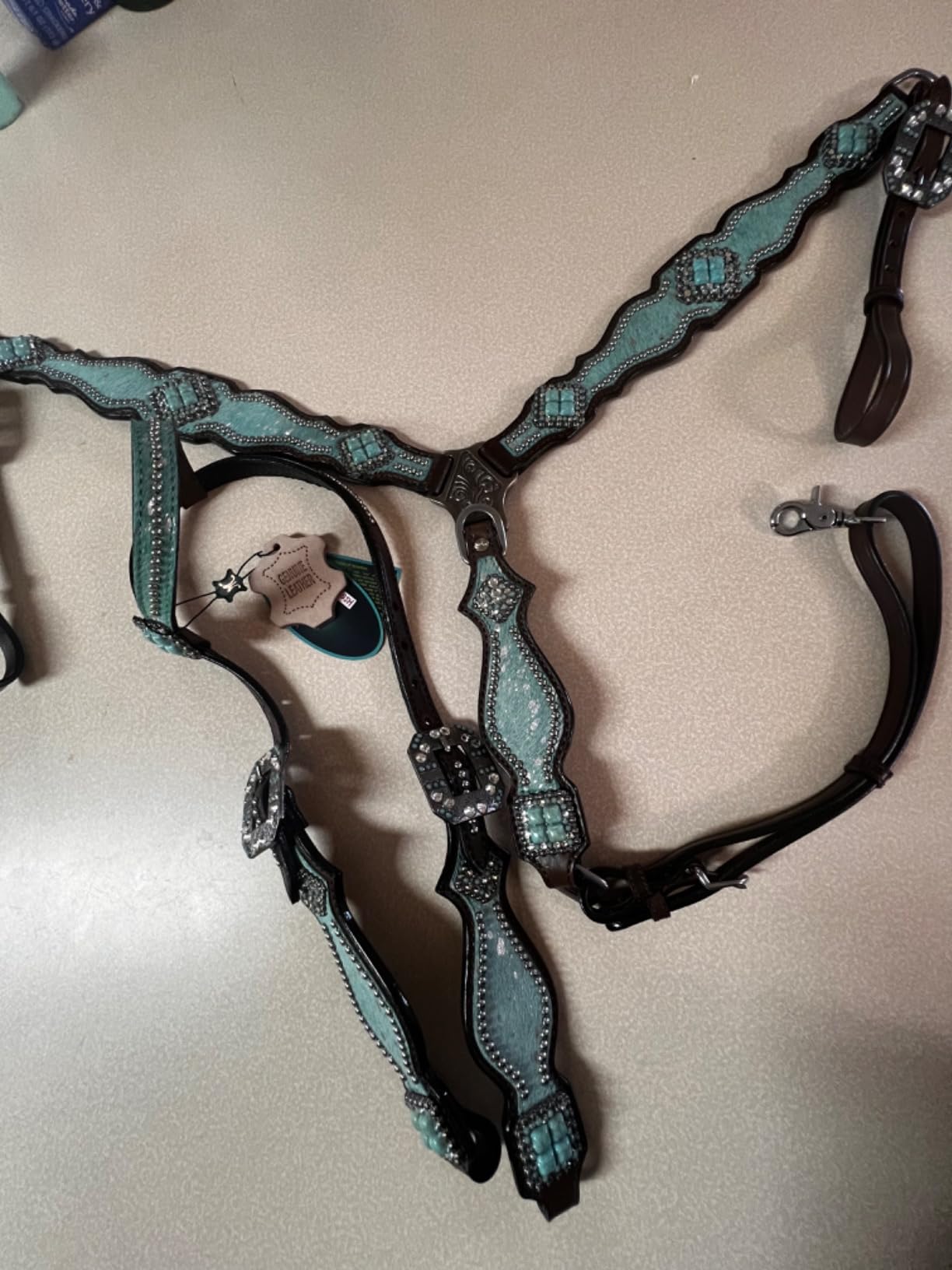 Western Leather Headstall & Breast Collar Set for Horses - Valentine's Day Silver Metallic Cowhide with Rhinestones customer photo 1