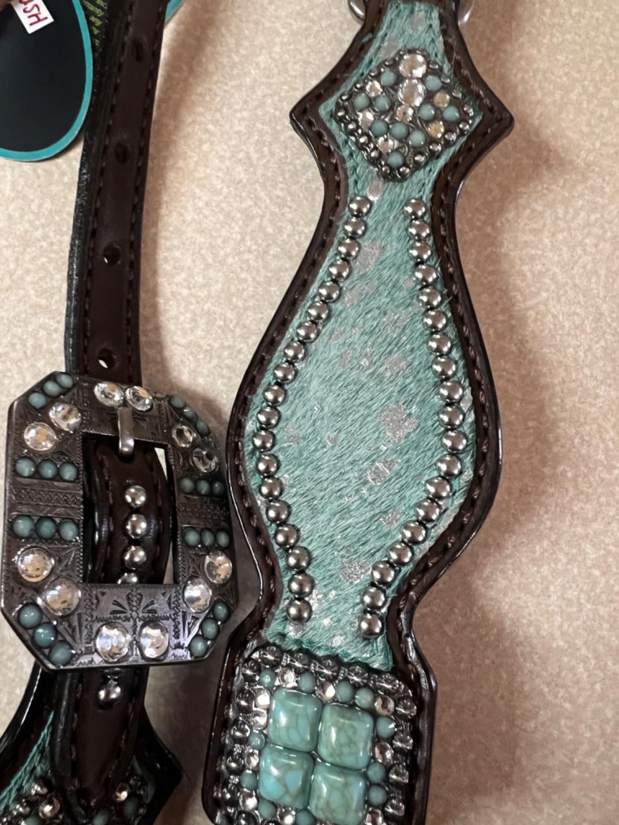 Western Leather Headstall & Breast Collar Set for Horses - Valentine's Day Silver Metallic Cowhide with Rhinestones customer photo 2