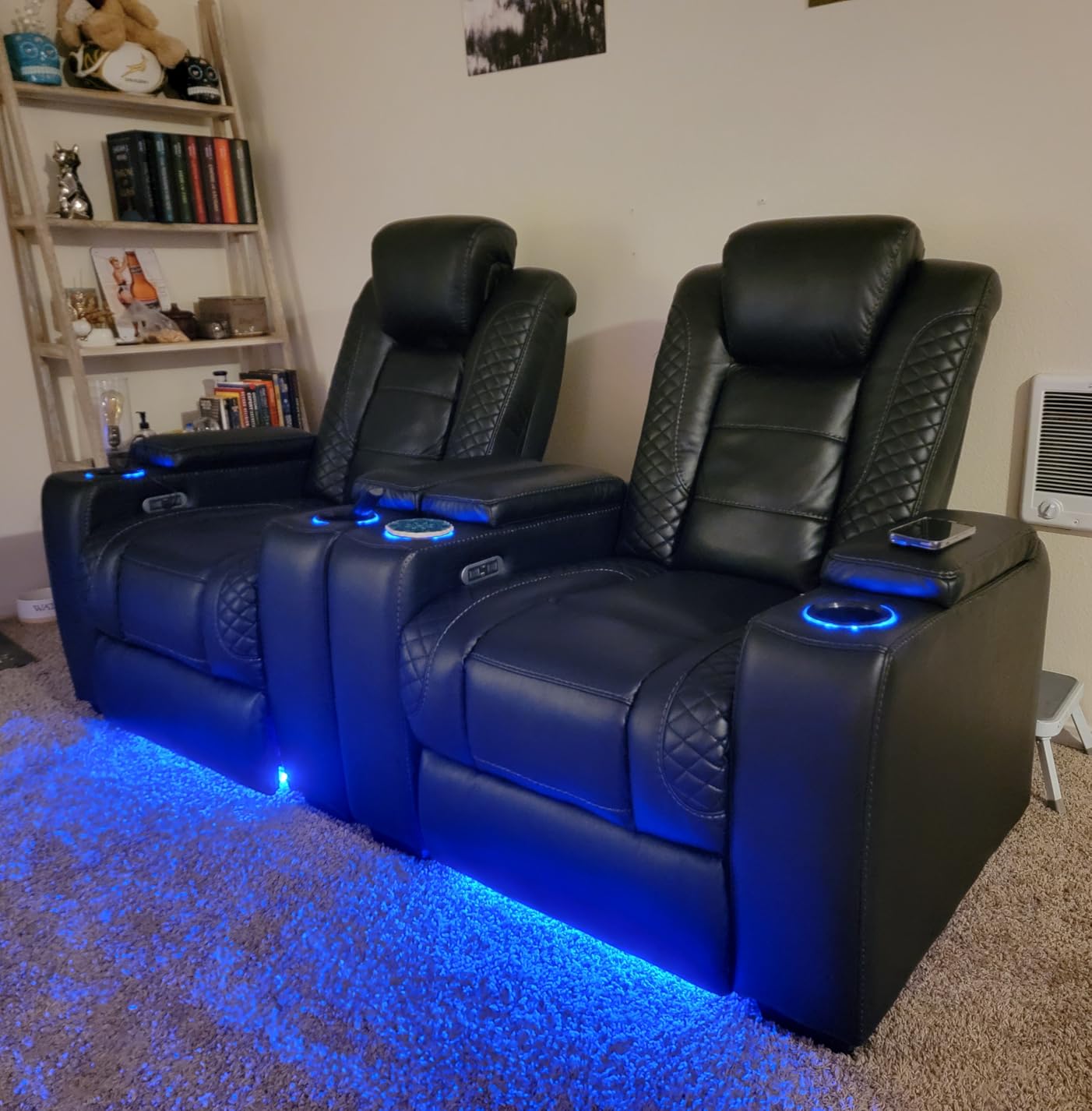 ANJ Power Home Theater Seating, PU Leather Electric Recliner Chair with Adjustable Headrest, Dual Motors Movie Reclining Chairs with LED Lights, USB Port, Cup Holders, Hidden Arm Storage (Brown) customer photo 1