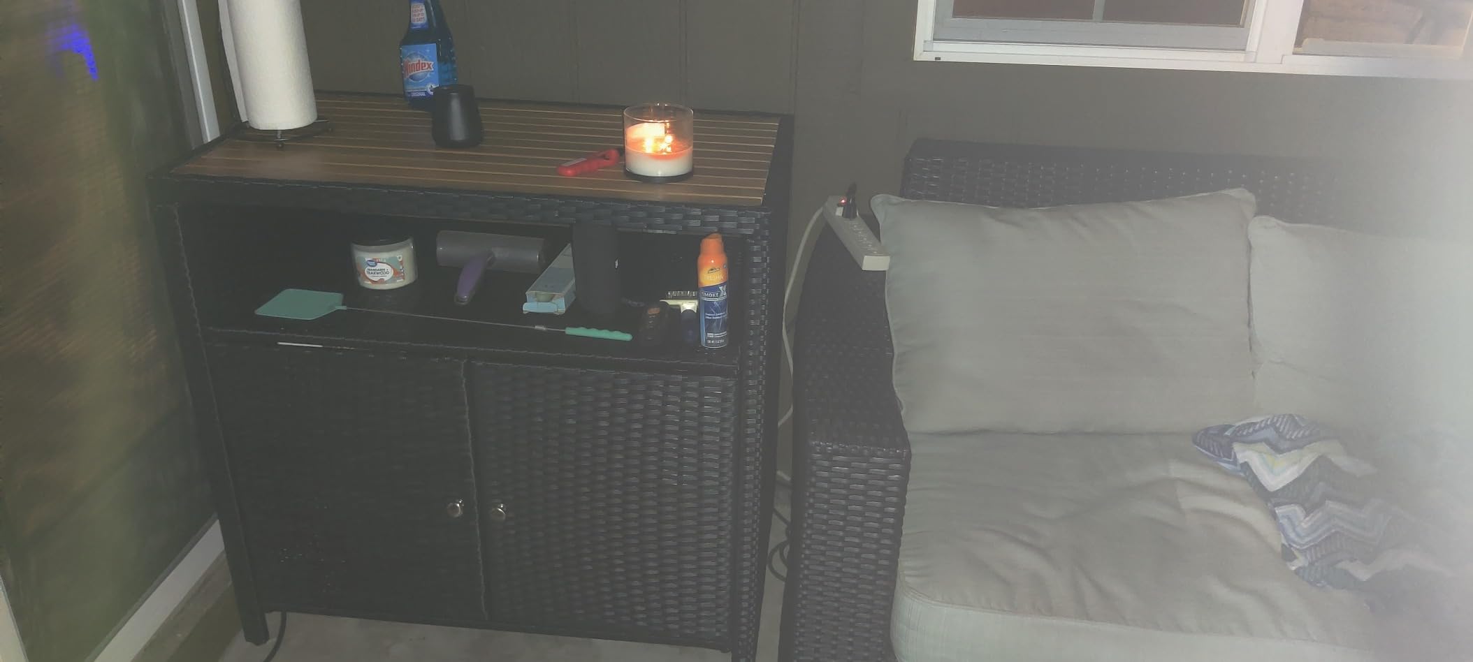 Tangkula Rattan Outdoor Storage Cabinet, Patiojoy Outdoor Cabinet with Acacia Wood Countertop, Open Compartment, 2-Door Wicker Sideboard, Outdoor Bar for Patio Garden Backyard Poolside (Mix Brown) customer photo 1