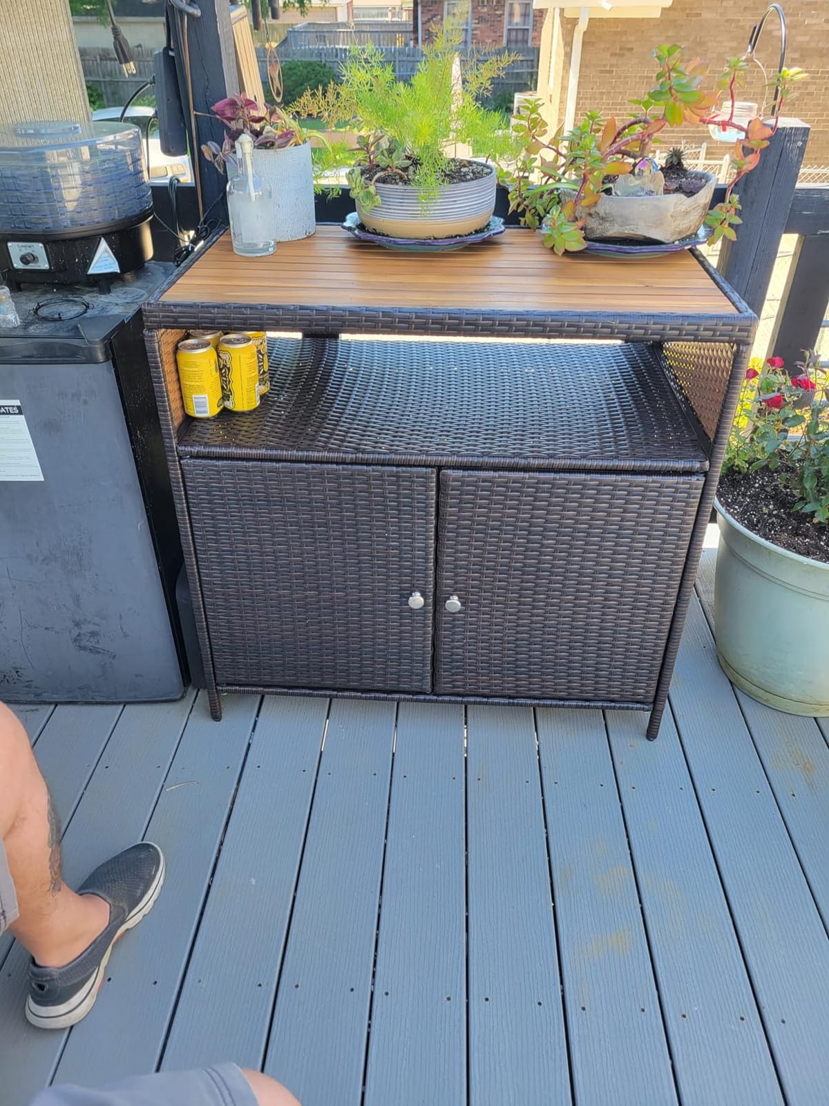 Tangkula Rattan Outdoor Storage Cabinet, Patiojoy Outdoor Cabinet with Acacia Wood Countertop, Open Compartment, 2-Door Wicker Sideboard, Outdoor Bar for Patio Garden Backyard Poolside (Mix Brown) customer photo 2