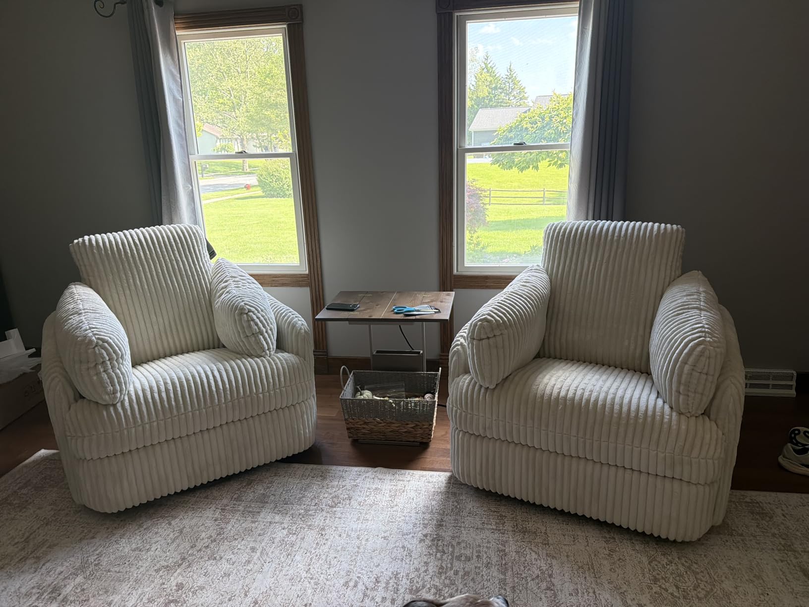 Signature Design by Ashley Oversized Swivel Glider Recliner, Ivory | Hidden armrest storage, Soft polyester cord, Smooth 360-degree rotation, Rocking chair motion, Tie-Breaker Series customer photo 2