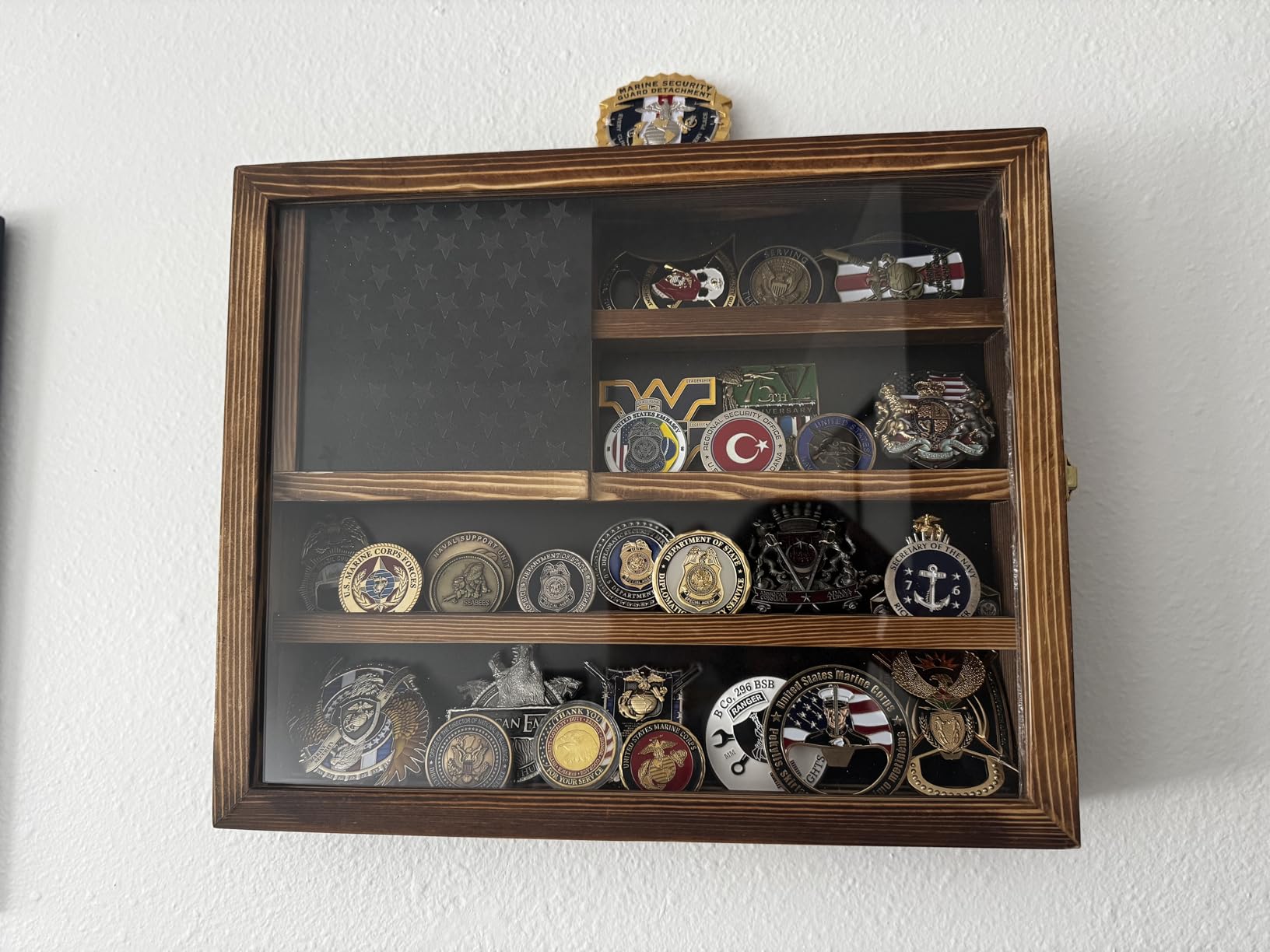 Challenge Coin Display Case, Lockable Military Coin Holder Cabinet | Removable Star Board & HD Tempered Glass Door, Solid Wood Wall Mount Coins Collection Rack Stand, Charcoal Brown customer photo 1