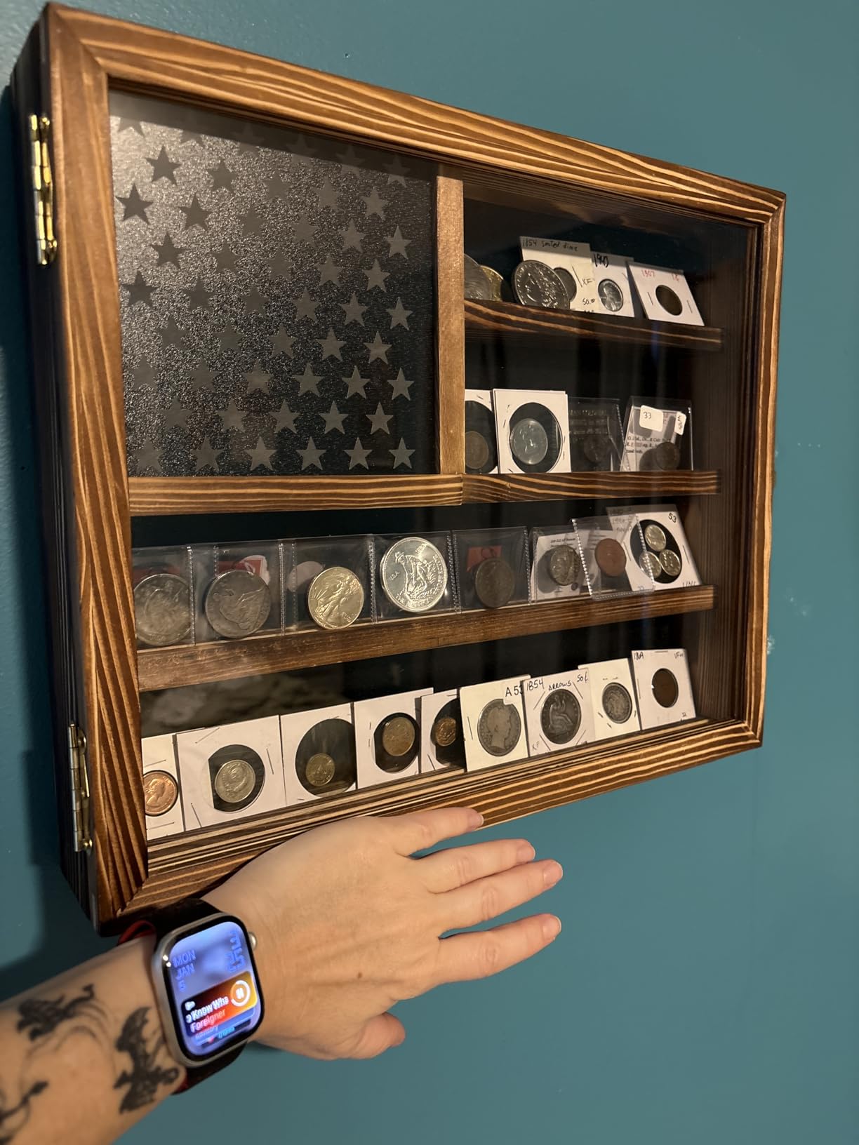 Challenge Coin Display Case, Lockable Military Coin Holder Cabinet | Removable Star Board & HD Tempered Glass Door, Solid Wood Wall Mount Coins Collection Rack Stand, Charcoal Brown customer photo 2