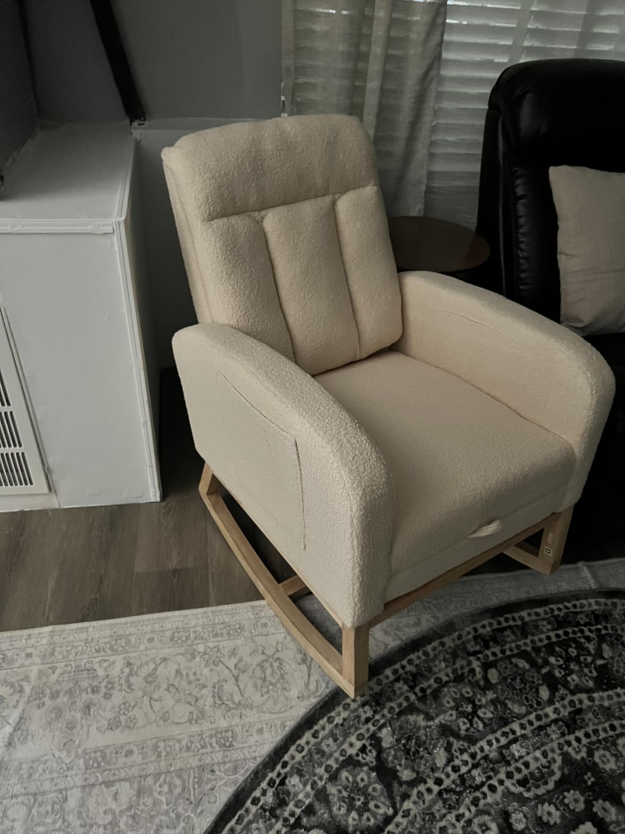 NIOIIKIT Modern Nursery Rocking Chair, Teddy Upholstered Rocking Chair with Footrest, Comfortable Rocker Glider with Side Pocket, Rocker Glider for Living Room, Bedroom, Nursing Room (Beige) customer photo 1