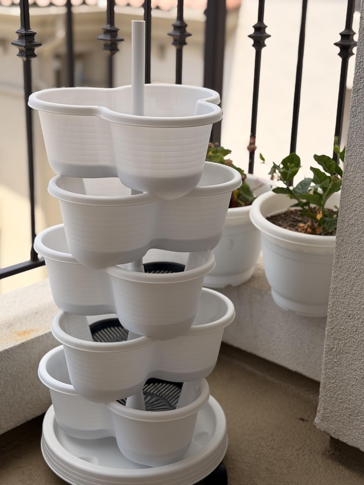 VECELO 5 Tier Vertical Garden Planter, Self Watering Stackable Planters with Wheels for Strawberries, Herbs, Flowers, Vegetables, White customer photo 2