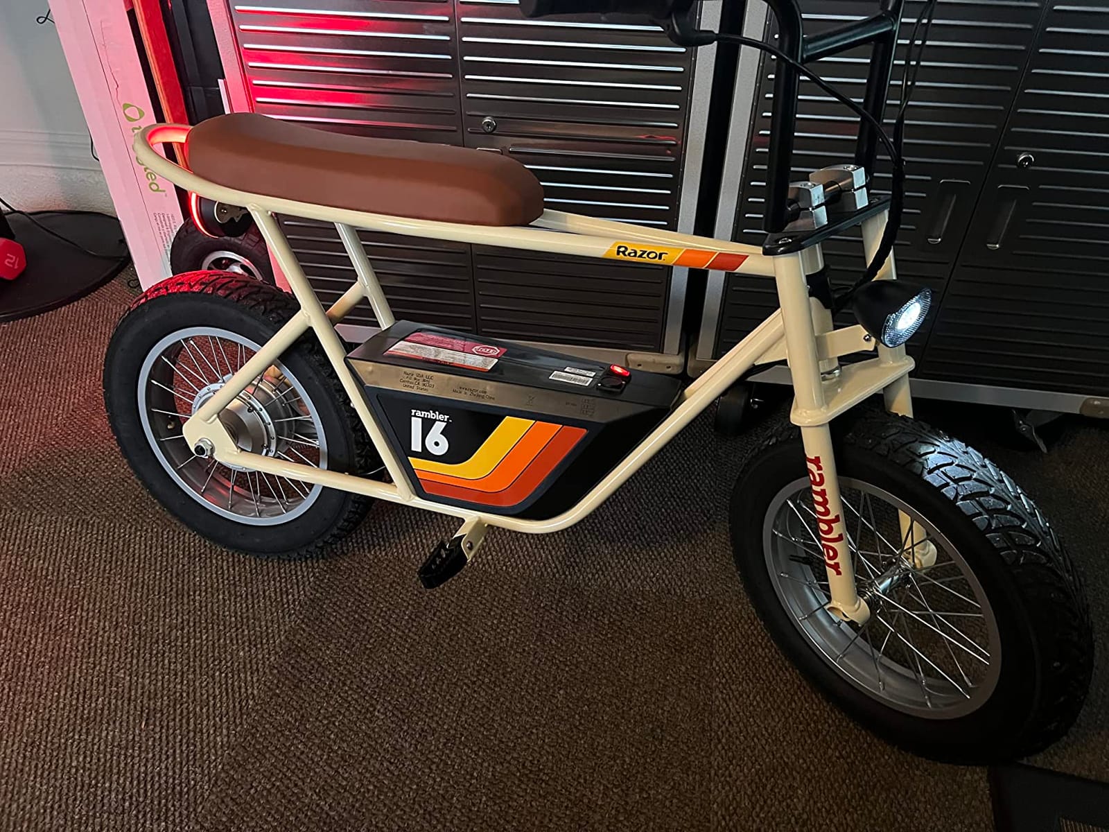 Razor Rambler 16 Electric Retro Mini Bike Ride for Teens Ages 18+, 220 lb Max Weight, Red - 350W Motor, Up to 15.6 Mph, 45-Min Run Time, Twist-Grip Throttle, Spoked Wheels w/ 16