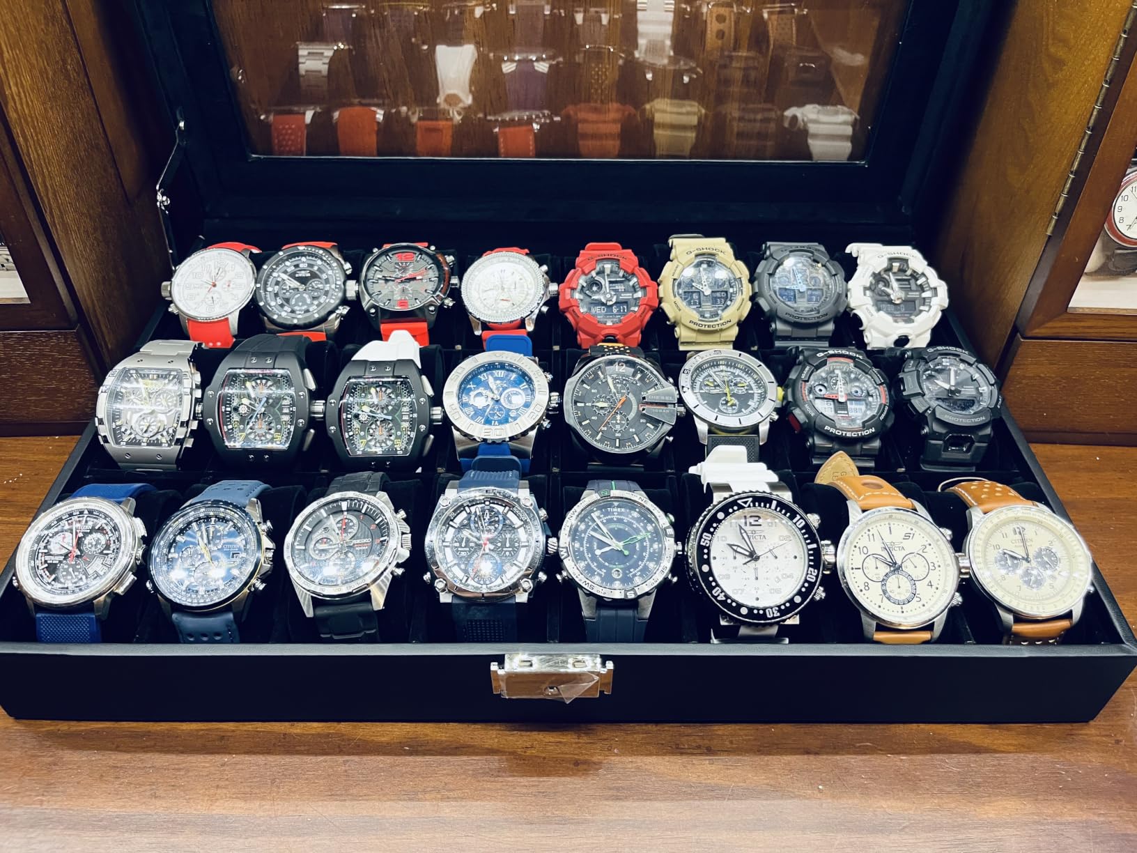 SONGMICS Watch Box 12 Slots with Glass Windows, 360° Rotating Vertical Watch Display Case, Jewelry Sunglasses Ring Storage, 10 Necklace Hooks, Removable Pillows, Velvet Lining, Ink Black UJWB028B01 customer photo 1