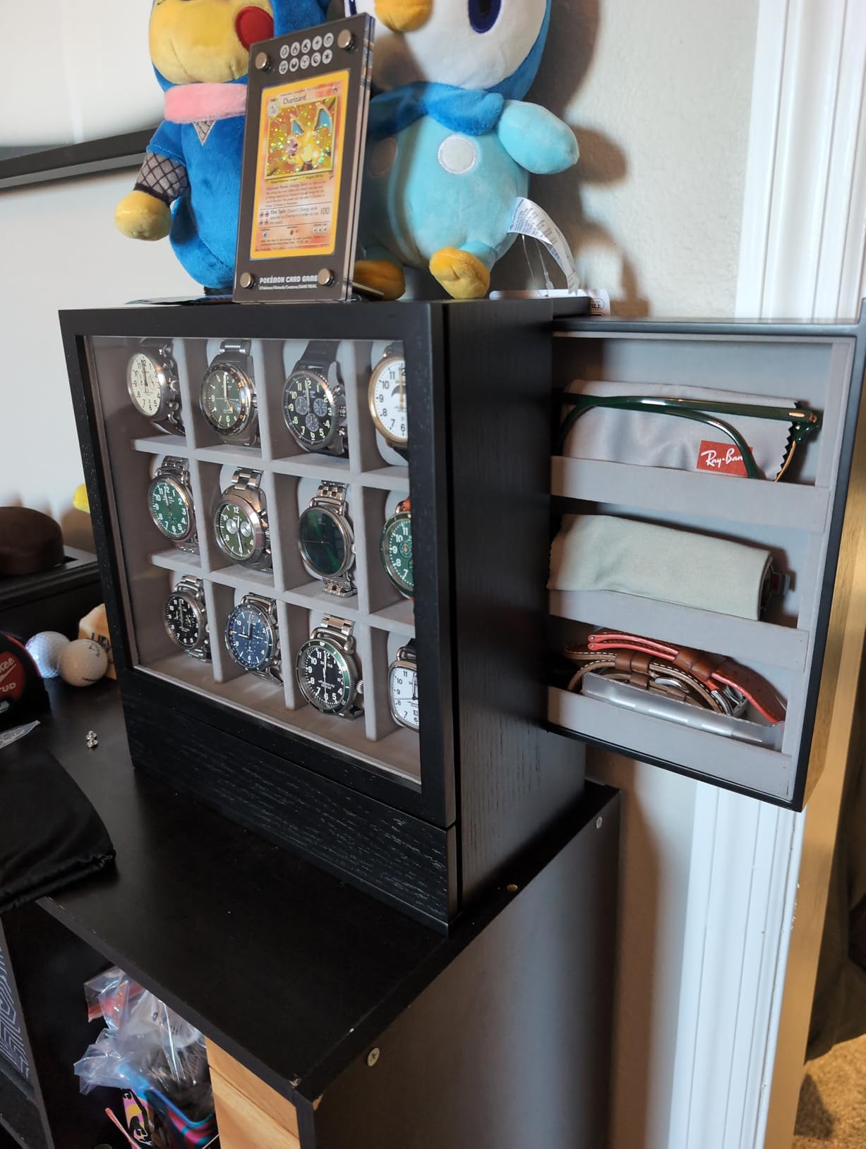 SONGMICS Watch Box 12 Slots with Glass Windows, 360° Rotating Vertical Watch Display Case, Jewelry Sunglasses Ring Storage, 10 Necklace Hooks, Removable Pillows, Velvet Lining, Ink Black UJWB028B01 customer photo 2