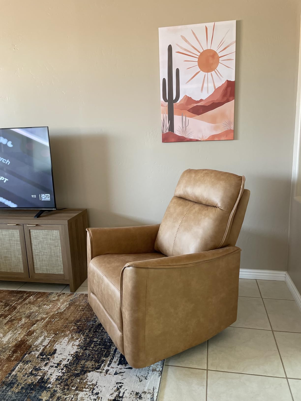 CANMOV Swivel Rocker Recliner, Glider Rocking Chair, Nursing Chairs Swivel Glider Recliners with Soft Backrest, Leathaire Manual Reclining Sofa for Living Room Bedroom Apartment, Brown customer photo 1