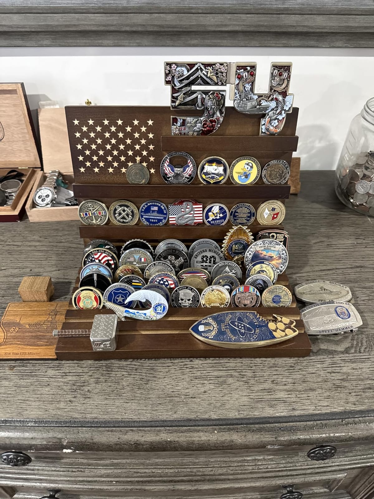 Challenge Coin Display Holder, Military Coin Slotted Stand Case Solid Wood Large Capacity Holds Up to 80 Coins 3+8 Racks for Navy Army Police Veterans Collection Desktop Decorative (Walnut) customer photo 1