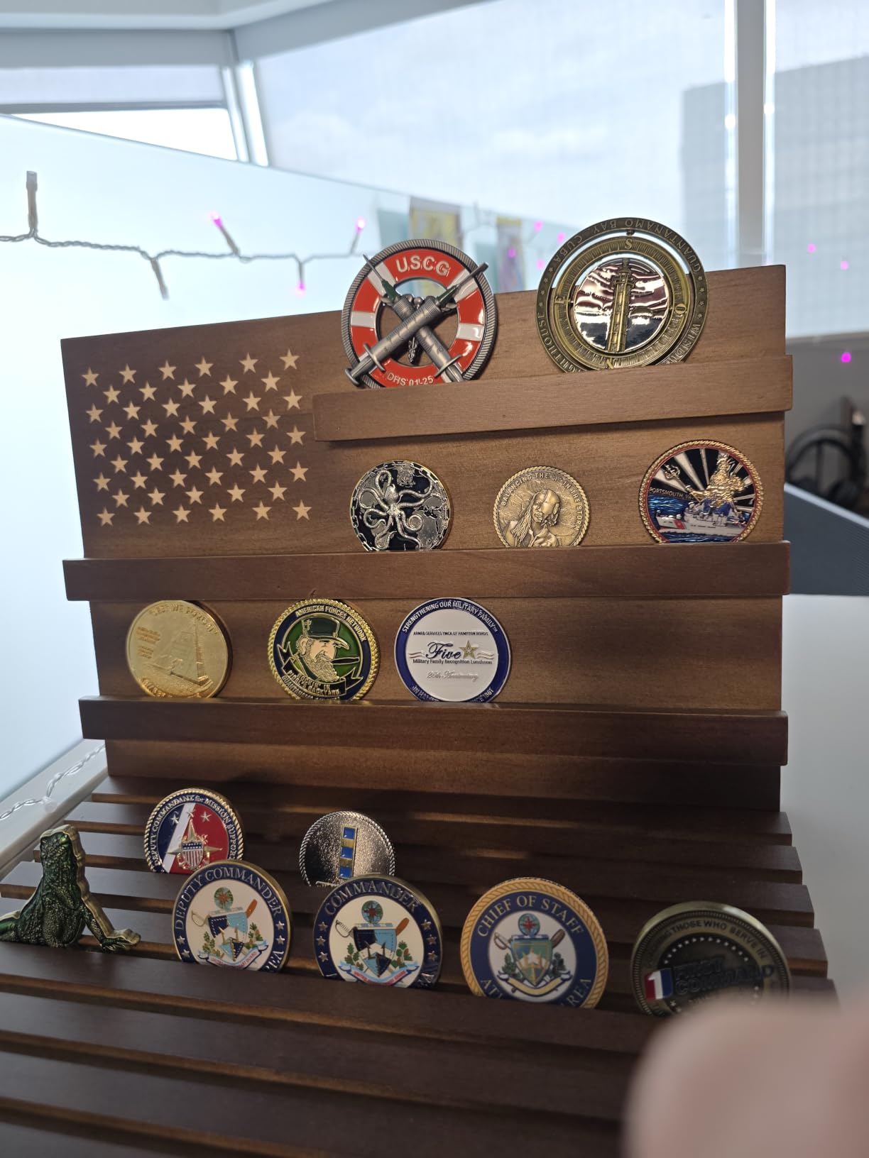Challenge Coin Display Holder, Military Coin Slotted Stand Case Solid Wood Large Capacity Holds Up to 80 Coins 3+8 Racks for Navy Army Police Veterans Collection Desktop Decorative (Walnut) customer photo 2