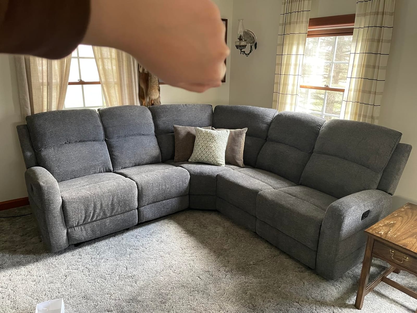 EBELLO Fabric L-Shaped Reclining Sectional Sofa Couch for Living Room, Manual Recliner Oversized Sofa, with Padded Headrest, 2 Cup Holders, Storage Space, 5-Seater Home Furniture Set, Grey customer photo 1