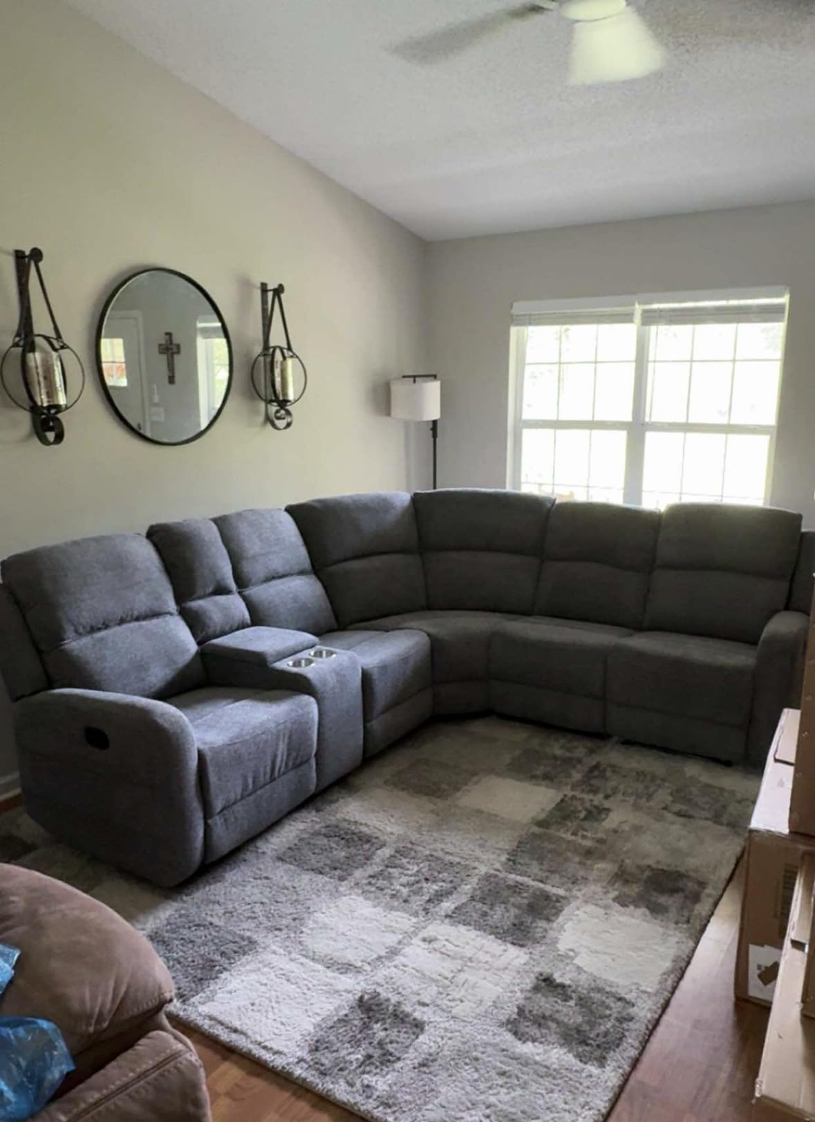 EBELLO Fabric L-Shaped Reclining Sectional Sofa Couch for Living Room, Manual Recliner Oversized Sofa, with Padded Headrest, 2 Cup Holders, Storage Space, 5-Seater Home Furniture Set, Grey customer photo 2