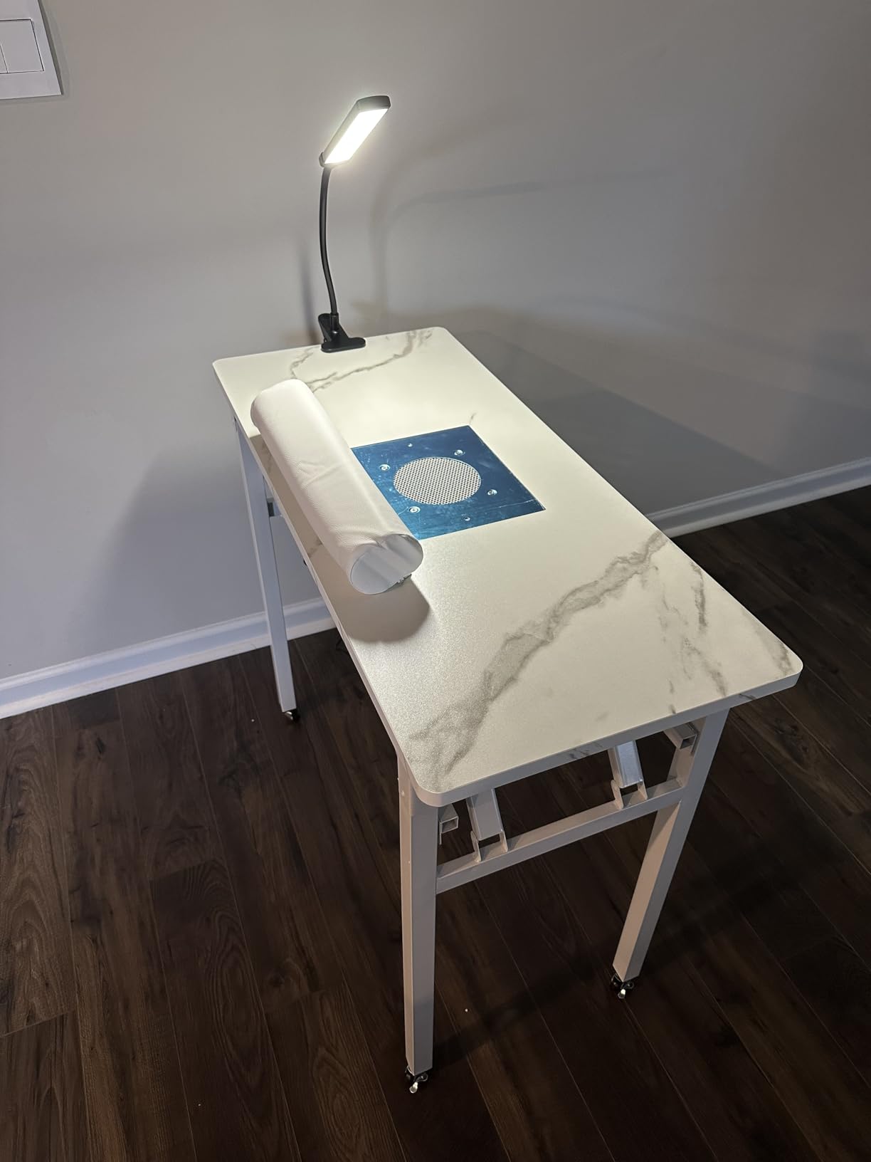 Portable & Foldable Manicure Table w/Dust Collector, Rolling Nail Tech Desk w/LED Light Lamp, Wrist Cushion, Lockable Wheels, Carrying Case, for Home Travel Beauty Salon Workstation (Marble White) customer photo 2
