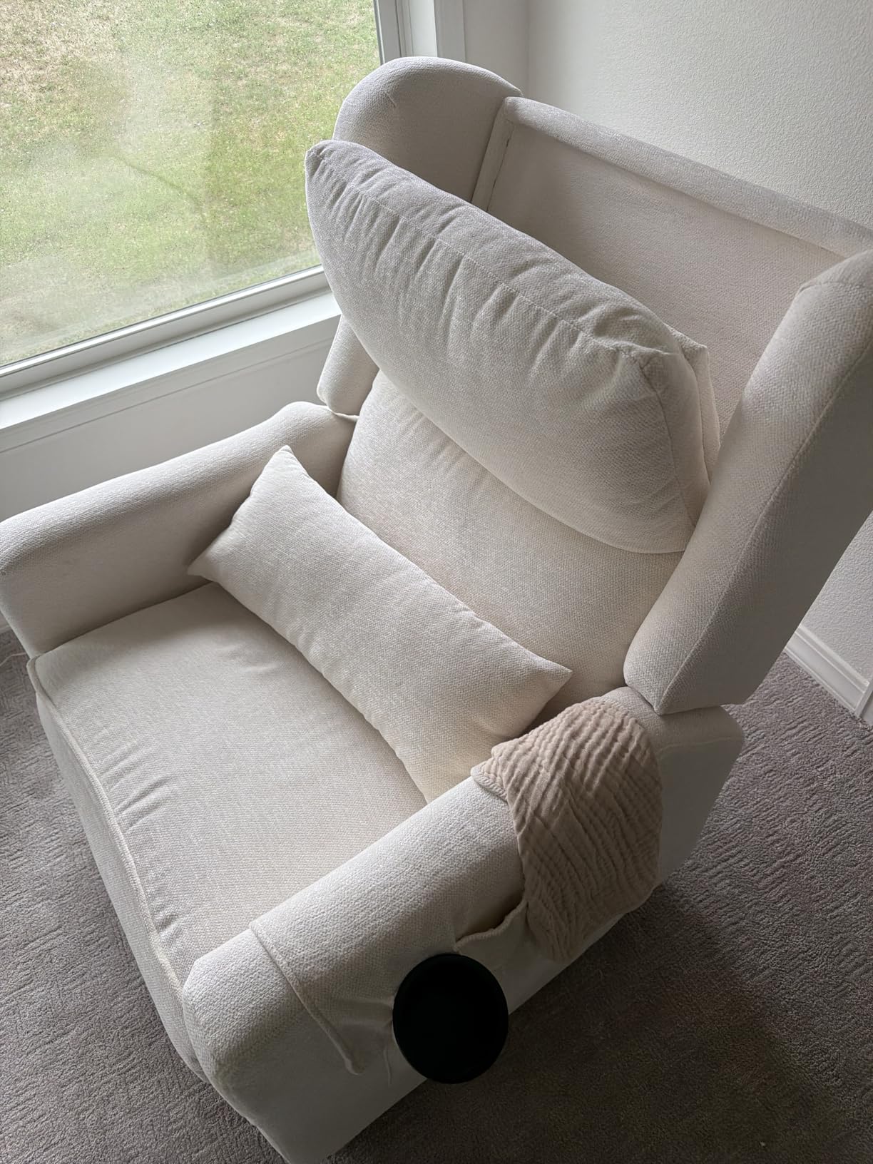 Power Recliner Chair Swivel Glider with Adjustable Headrest, Oversized Swivel Rocker Recliner with Lumbar Support, Upholstered Nursery Glider Recliner for Living Room, White customer photo 1