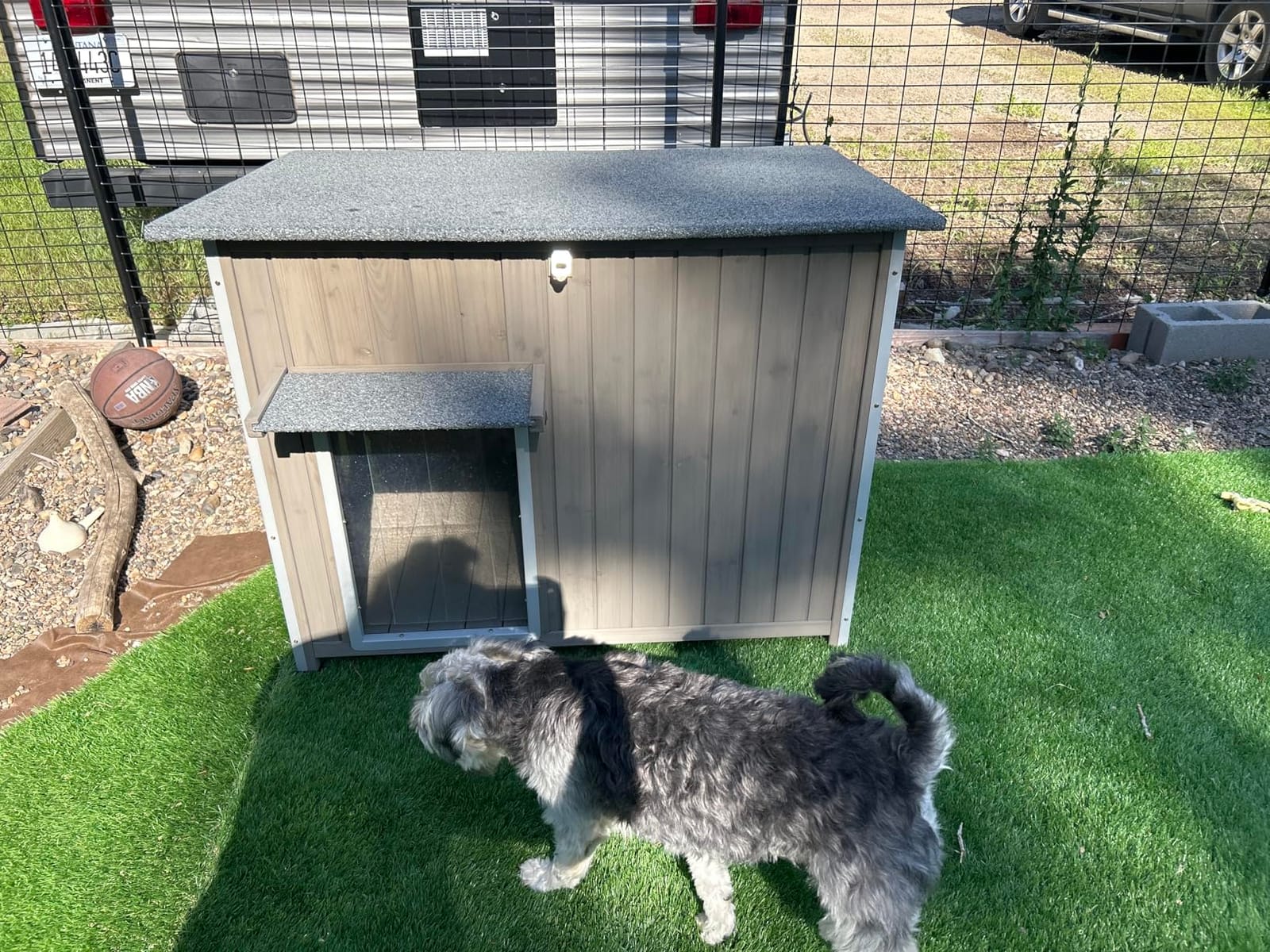 Dog House Outdoor Weatherproof & Wooden Dog Kennel with Chew-Proof Iron Frame, Removable Floor, Adjustable Vent Window, Easy Assembly for Medium Dogs (43.3