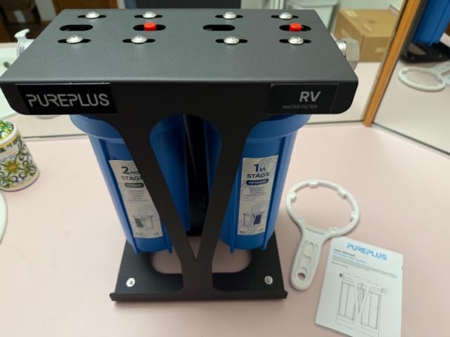 PUREPLUS RV Dual Stage Water Filter System with Grooved Sediment and Carbon Cartridges, NSF/ANSI 42 Certified, Stainless Steel 3/4