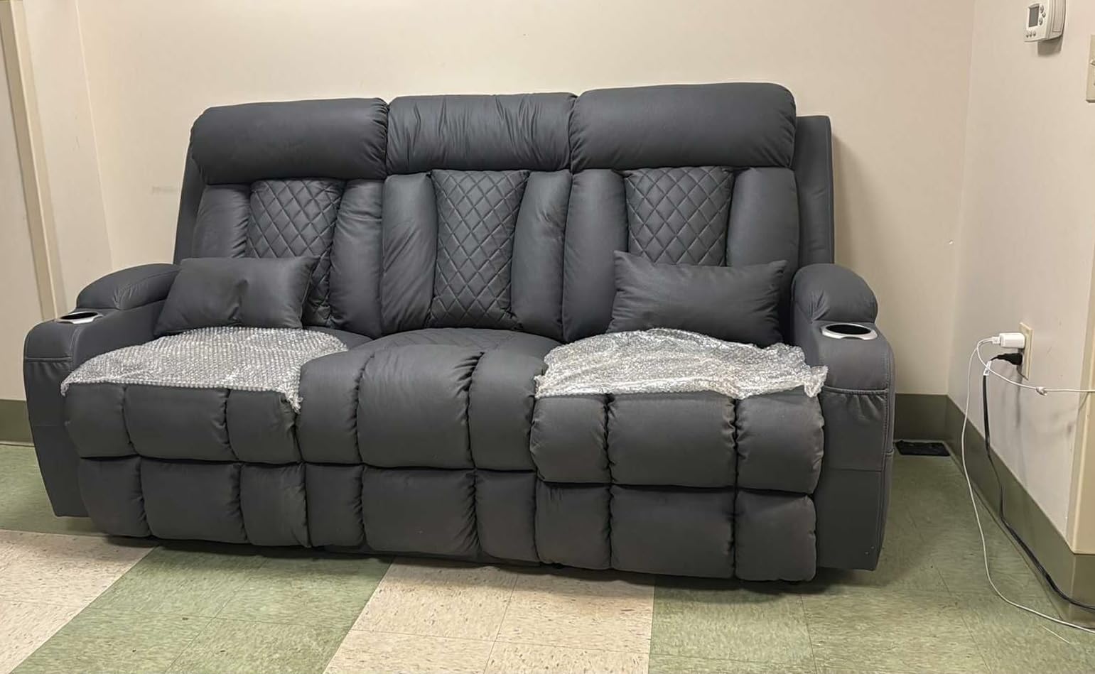 Zero Wall Hugger Power Reclining Sofa with Adjustable Headrest, Electric Reclining Couch with Drop-Down Table, Outlets, Power Loveseat Recliner Sofa for Living Room (Gray, 3 Seat) customer photo 1