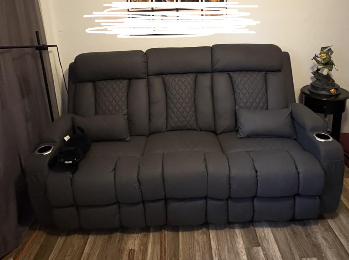 Zero Wall Hugger Power Reclining Sofa with Adjustable Headrest, Electric Reclining Couch with Drop-Down Table, Outlets, Power Loveseat Recliner Sofa for Living Room (Gray, 3 Seat) customer photo 2