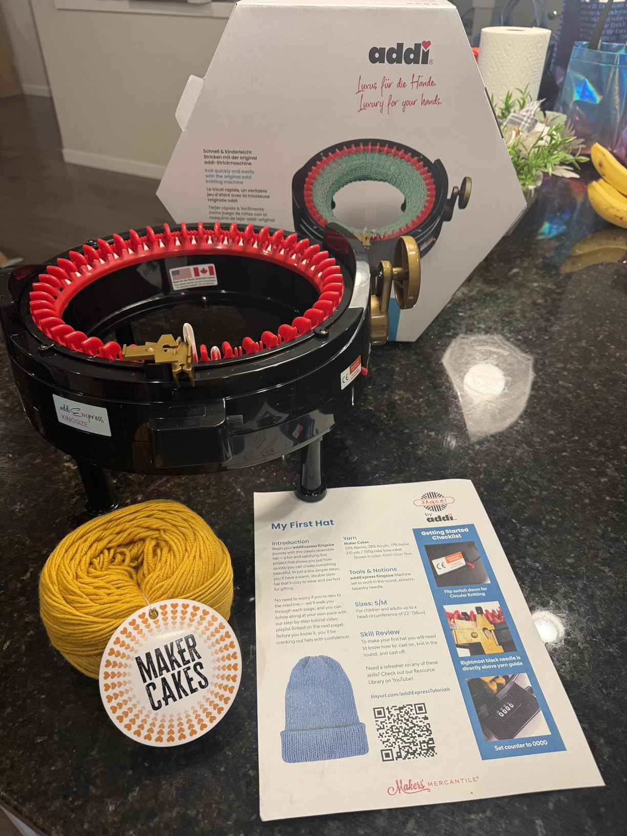 Addi Express King Size Knitting Machine Set, 46 Needles Circular Loom with Hand Crank, Row Counter, Maker's Mercantile Yarn Cake, and Hat Pattern customer photo 1