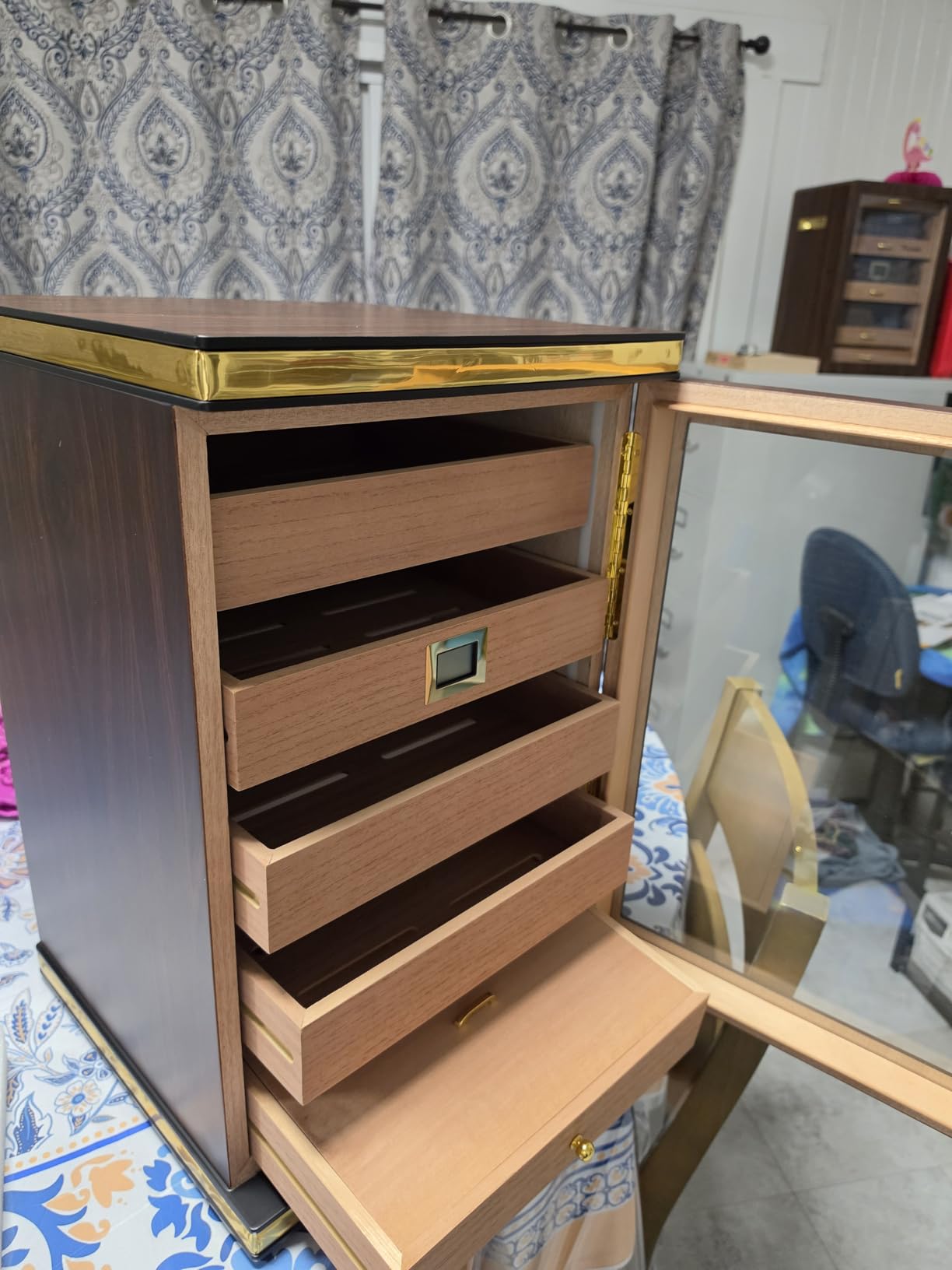Cigar Humidor, Desktop Cigar Humidor Cabinet Triple-Sided Light with Digital Hygrometer, Humidifier and Humidity Packs. 5 Cedar Wood Drawers,Humidor Cigar Box can Hold 500 Cigars. Present for Men customer photo 1