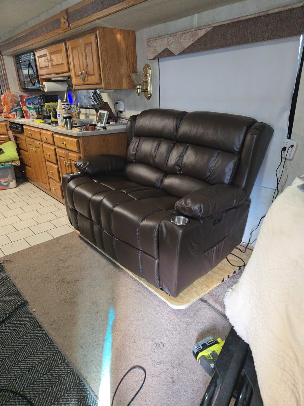 RV Loveseat Recliner Sofa, Wall Hugger Reclining Loveseat RV Couch with USB Ports, Cup Holders, Pockets, 150° Adjustable RV Furniture Velvet Fabric Recliners for Travel & Home Theater Seating customer photo 1