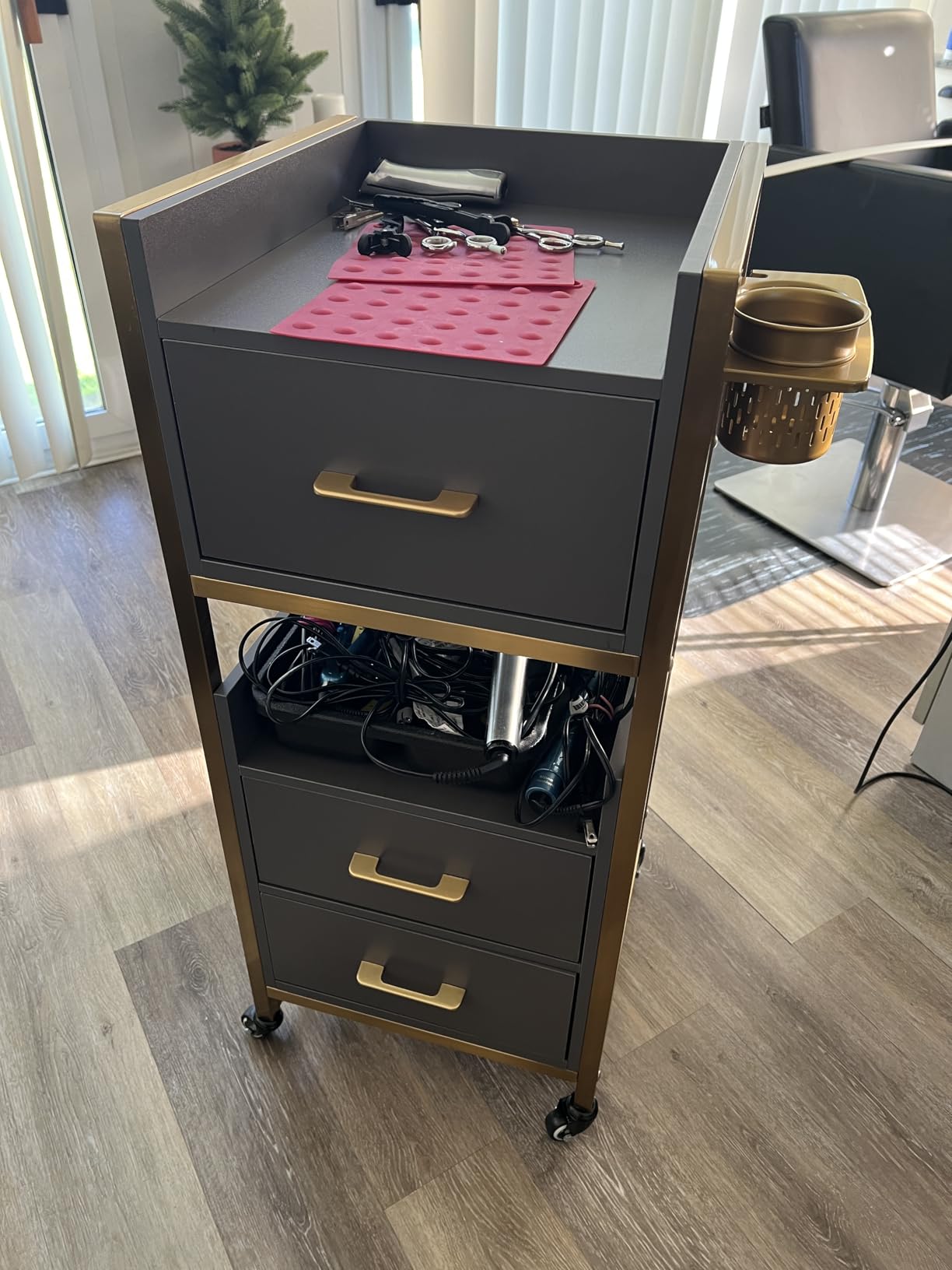 OmySalon Salon Trolley Cart, Hair Styling Station with 3 Drawers, 2 Open Shelf & Tool Holders, Mobile Barber Storage Cabinet Utility Trolley for Beauty Salon Spa,Black customer photo 1
