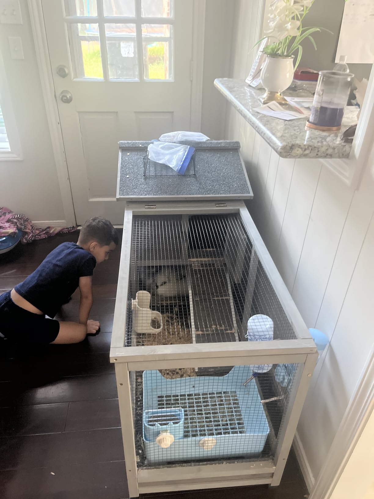 GUTINNEEN Large Rabbit Hutch Outdoor 2-Level Wooden Chicken Coop Indoor Weatherproof Bunny Cage Guinea Pig House with Waterproof Roof, Leak-Proof Pull Out Tray, Lockable Door for Small Animals (Grey) customer photo 2