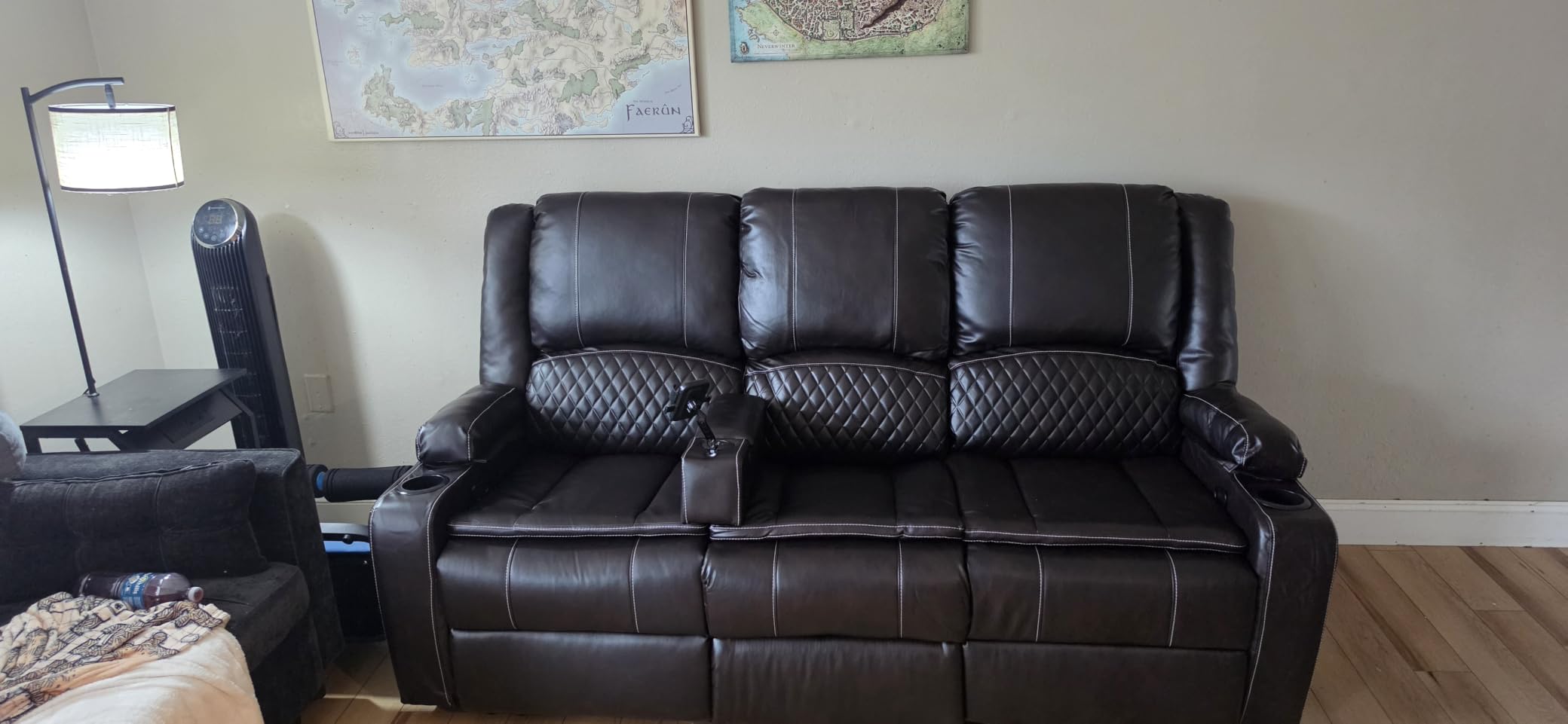 Power 3 Seater Recliner Sofa, Wall Hugger Loveseat Recliner (Pu, Grey) | Home Theater Seating with Liftable Console, Reclining Sofa with Removable Armrest, Storage, Recliner Sofa with Cup Holders customer photo 2