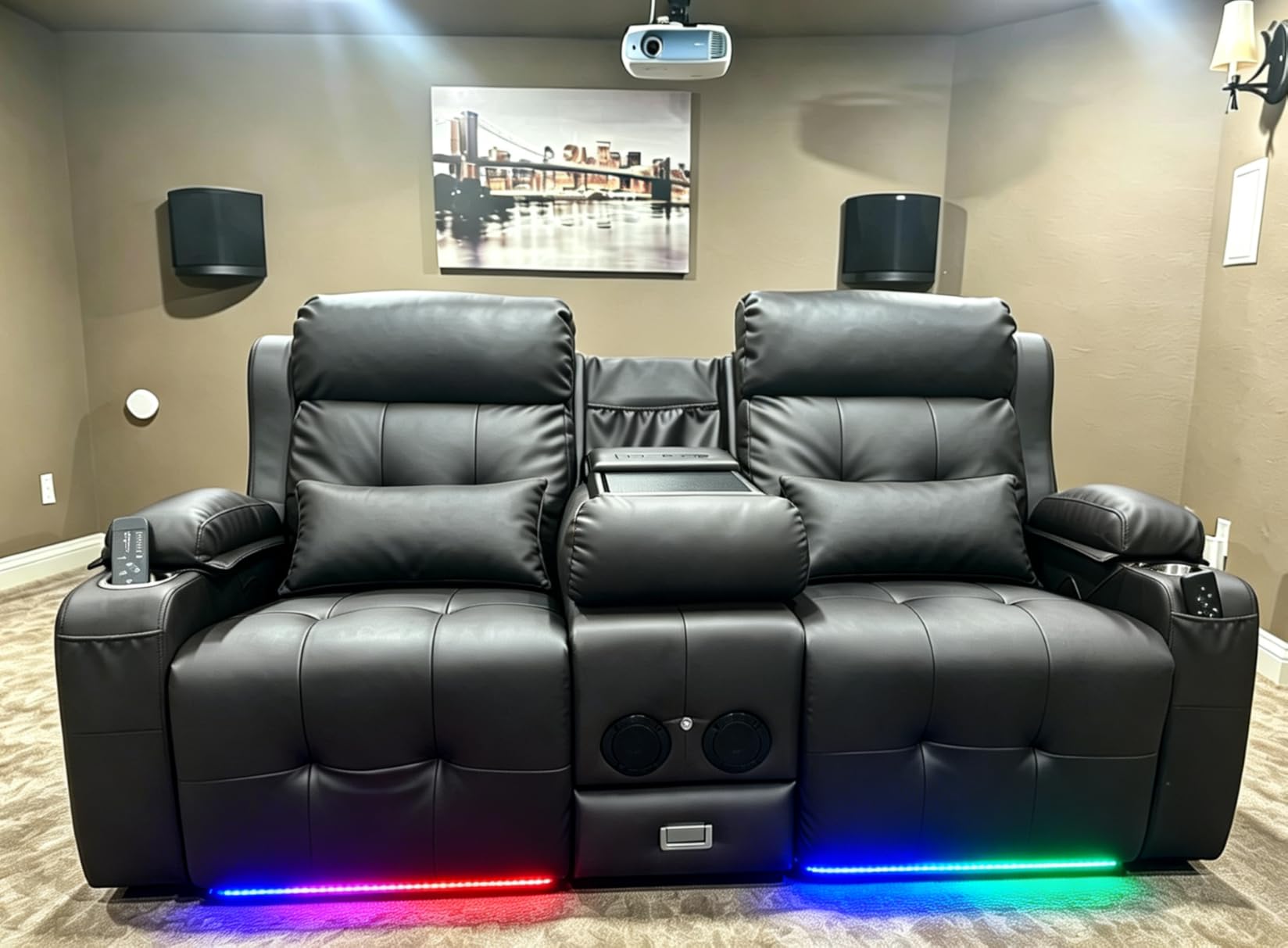 Home Theater Seating, Power Loveseat Recliner Sofa with Massage & Heat | Wall Hugger Reclining Loveseat with USB, RV Couch with LED Lights, Flip Backrest, Cup Holders for Movie Theater, Gaming Room customer photo 1