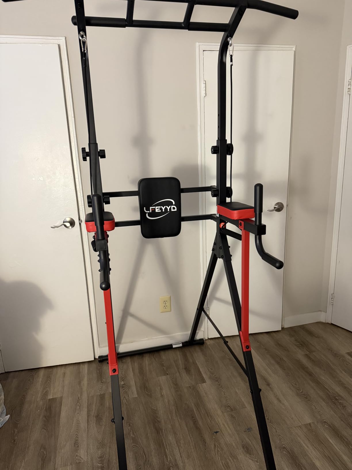Power Tower Pull Up Bar Free Standing,Multi-Level Adjustable Height Dip Station, Multi-Grip Handles,Backrest,Home Gym Strength Training Equipment with Power Elastic Ropes 400LBS Capacity customer photo 2