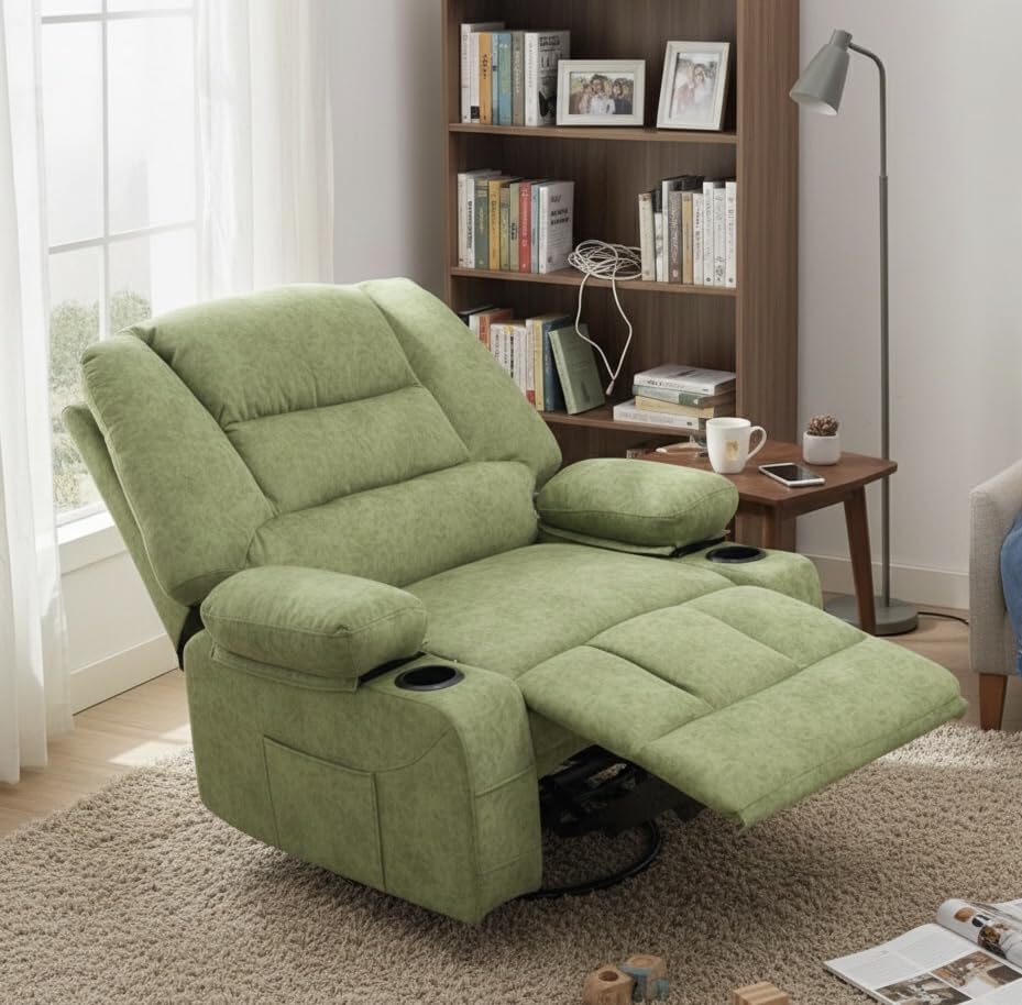 KCQ Oversized Swivel Rocker Recliner Chair with Massage Heat Cup Holders, Overstuffed Fabric Heated Massaging Swivel Glider Chair Rocking Recliner Chair, Grey customer photo 1