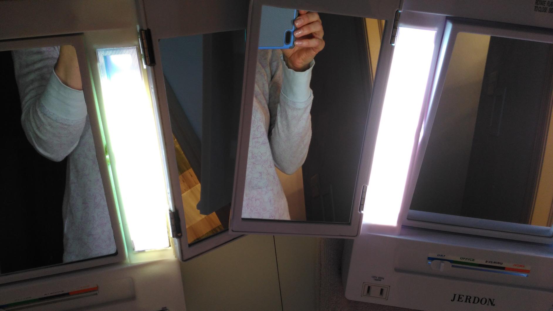 Lighted Makeup Mirror with 5X Magnification - White - JGL9W | Tri-Fold Two-Sided Design, Multiple Light Settings customer photo 2