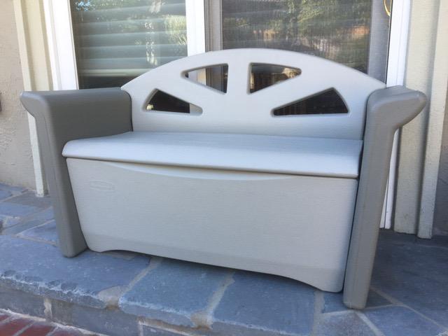 Rubbermaid Resin Outdoor Storage Bench (32 Gal), Weather Resistant, Brown/Grey, Deck Organization for Home/Backyard/Pool Chemicals/Toys/Garden Tools/Porch/Patio Cushions customer photo 1