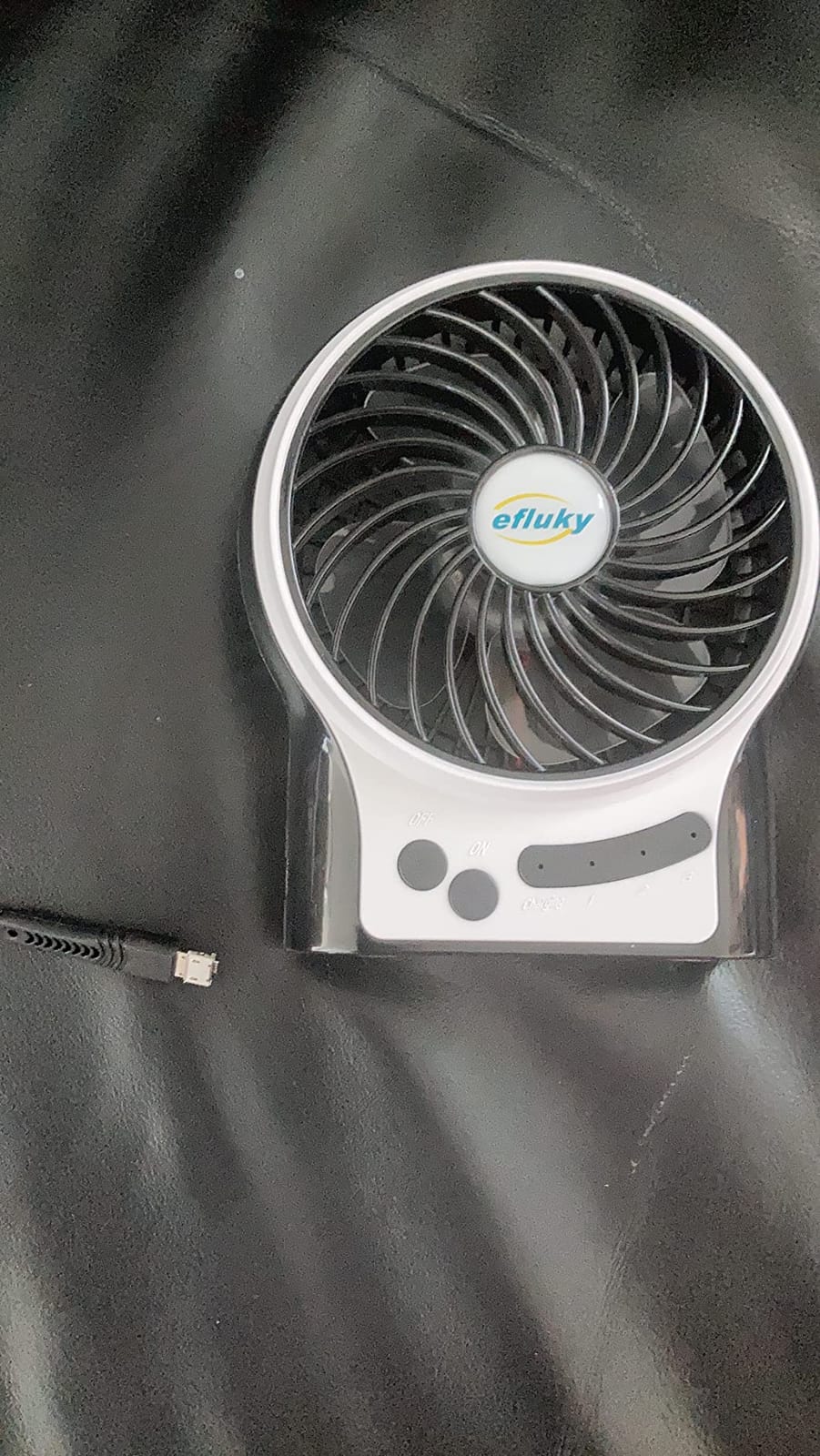 efluky 4.9-Inch Mini Desk Fan - 3 Speeds, Rechargeable Battery/USB Powered with LED Light, Quiet Portable Fan for Home, Office, Travel, Camping (Black) customer photo 1
