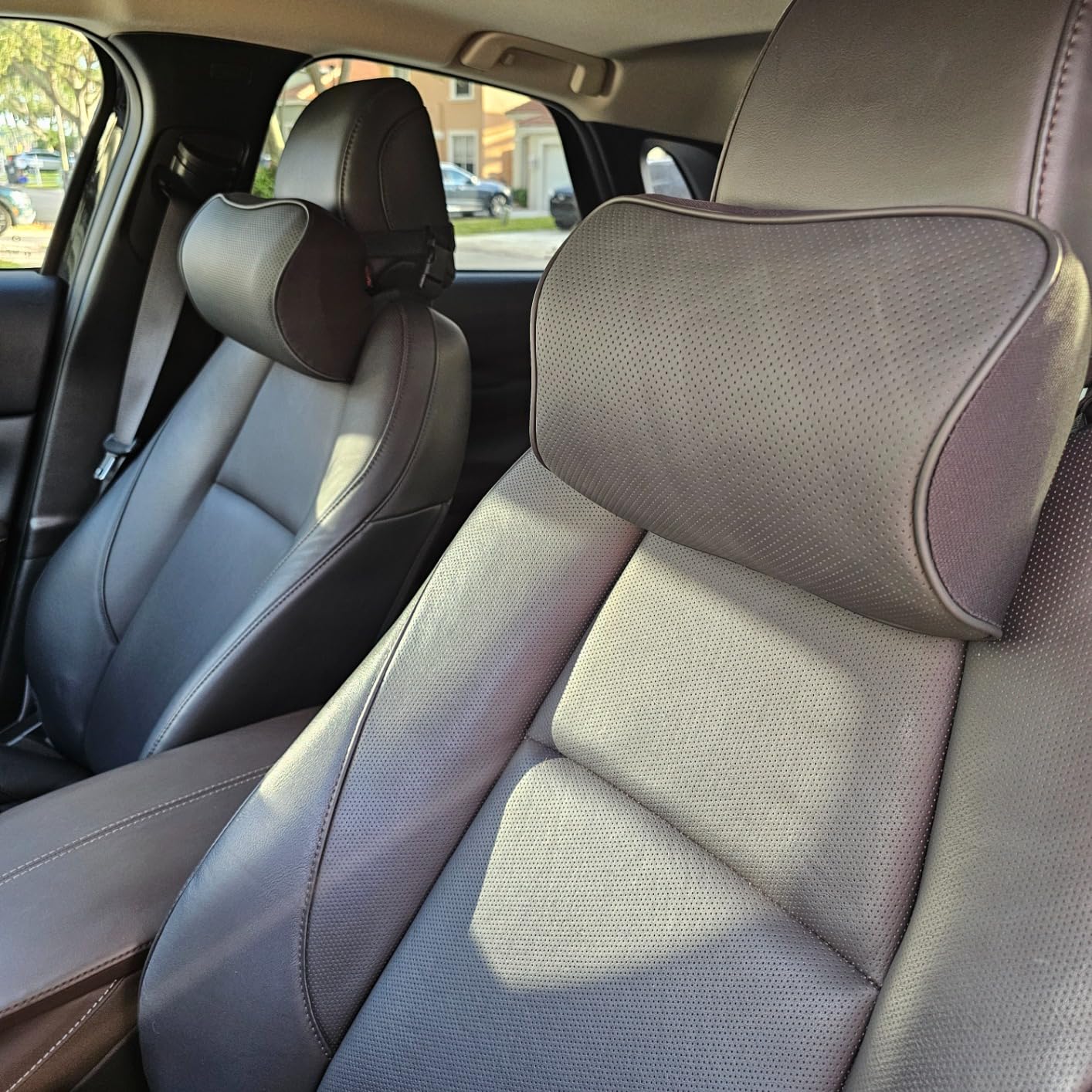 Aukee Car Headrest Pillow Memory Foam Car Neck Pillow with Adjustable Strap Soft Leather Headrest for Driving Home Office Black (1PC) customer photo 2