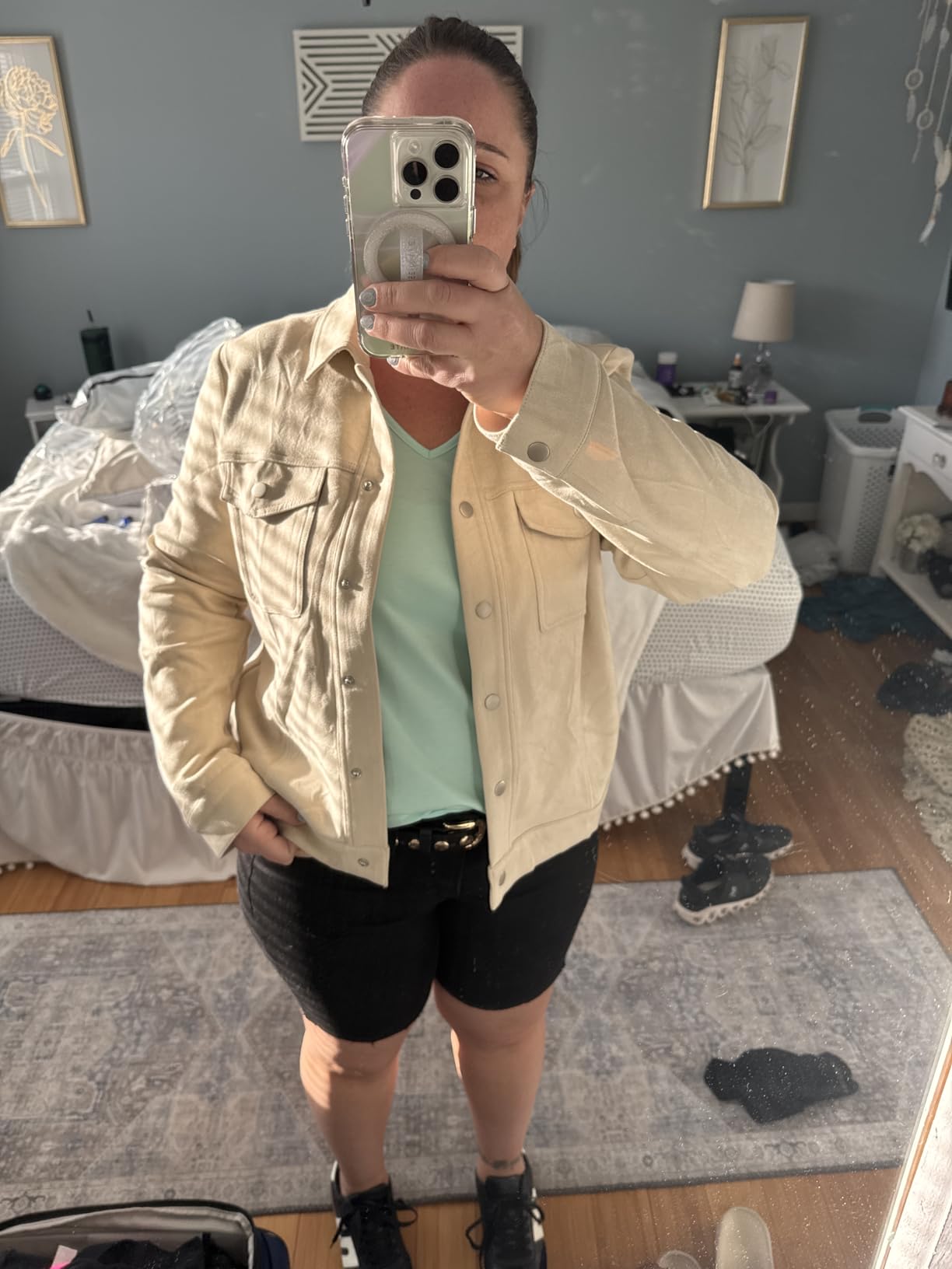 Allegra K Women's Faux Suede Jacket Turn-Down Collar Long Sleeve Shacket customer photo 2