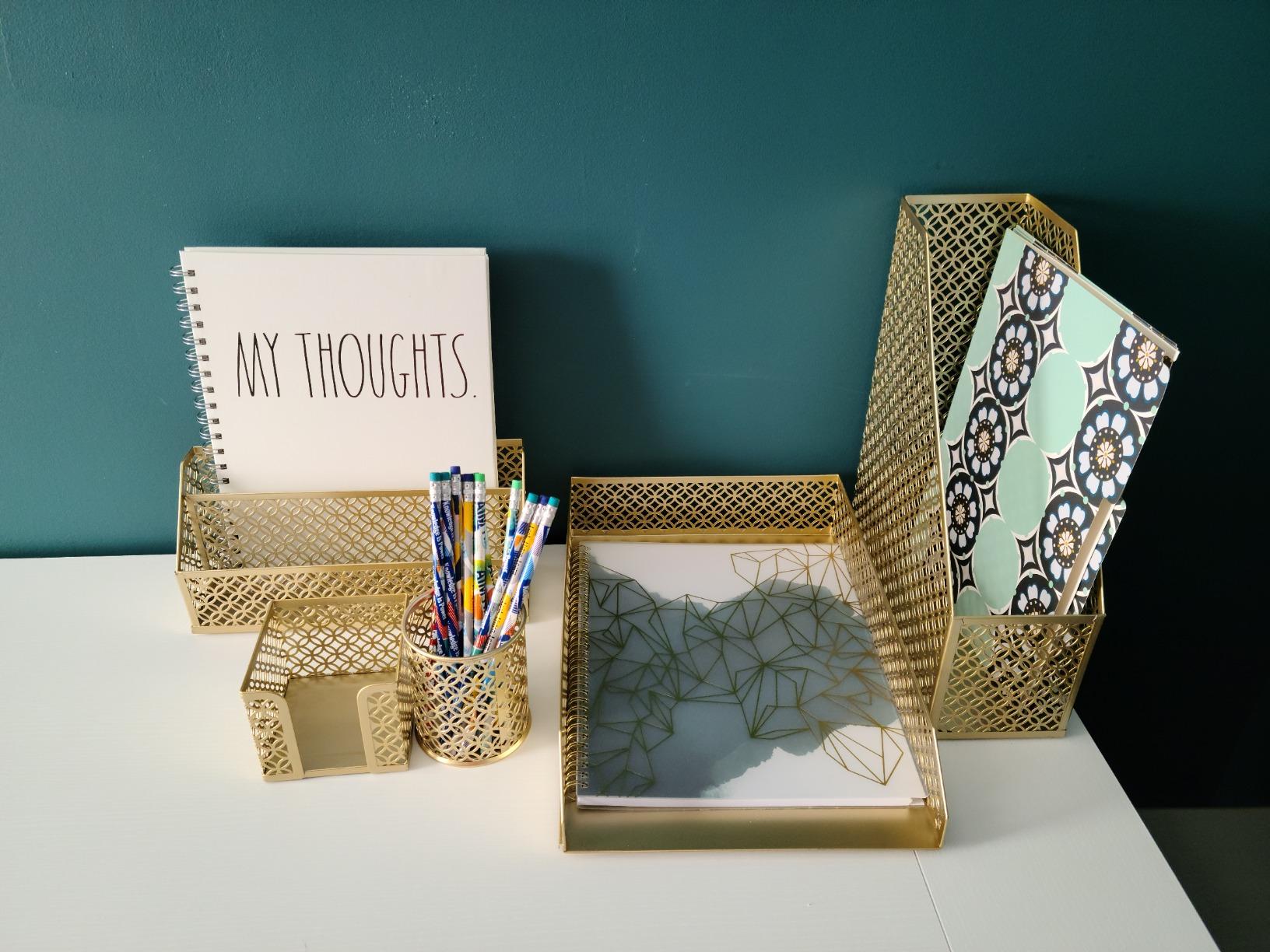 BLU MONACO Gold Desk Organizer Set with Mail Sorter, Sticky Note Holder, Pen Cup, Magazine Holder, Letter Tray & Business Card Holder | Stylish Desk Accessories for Women & Home Office Decor customer photo 2