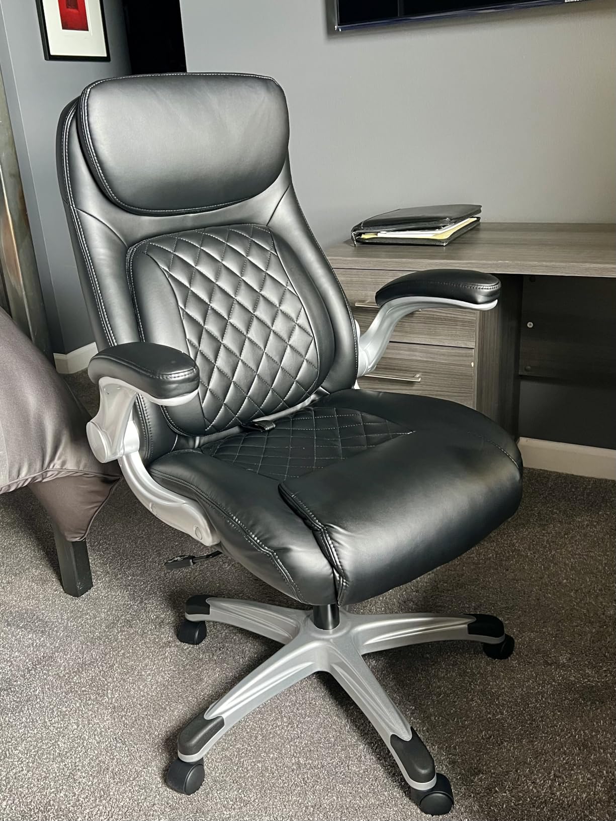 Nouhaus +Posture Ergonomic PU Leather Office Chair. Click5 Lumbar Support with FlipAdjust Armrests. Modern Executive Chair and Computer Desk Chair (Black) customer photo 2
