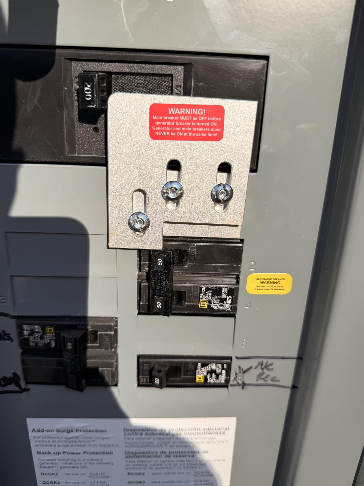Generator Interlock Kit Compatible with Square D QO or Homeline 150 or 200 amp panels. 1 3/8 inches Spacing between main and generator breaker, Professional and Interlock Kit (SD200A) customer photo 1